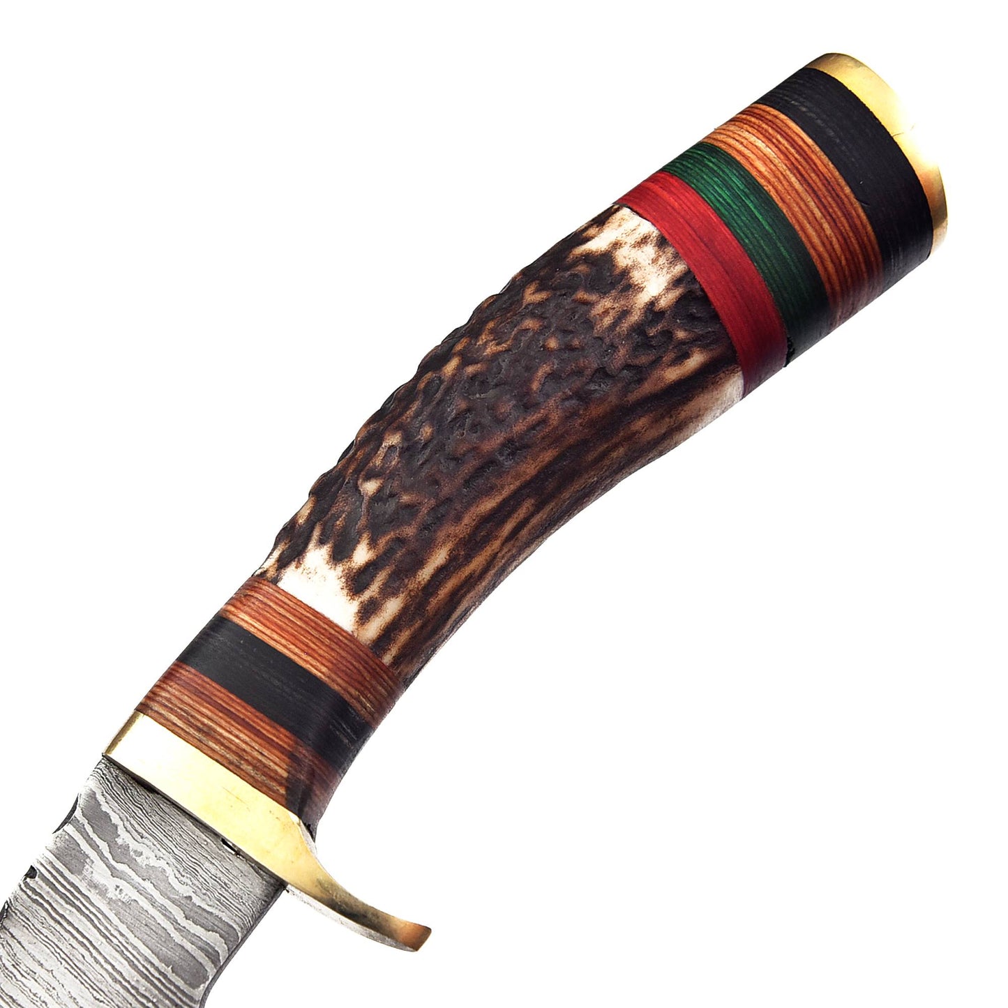 Damascus Steel Bowie Knife – Stag Antler Handle with Brass Guard & Leather Sheath