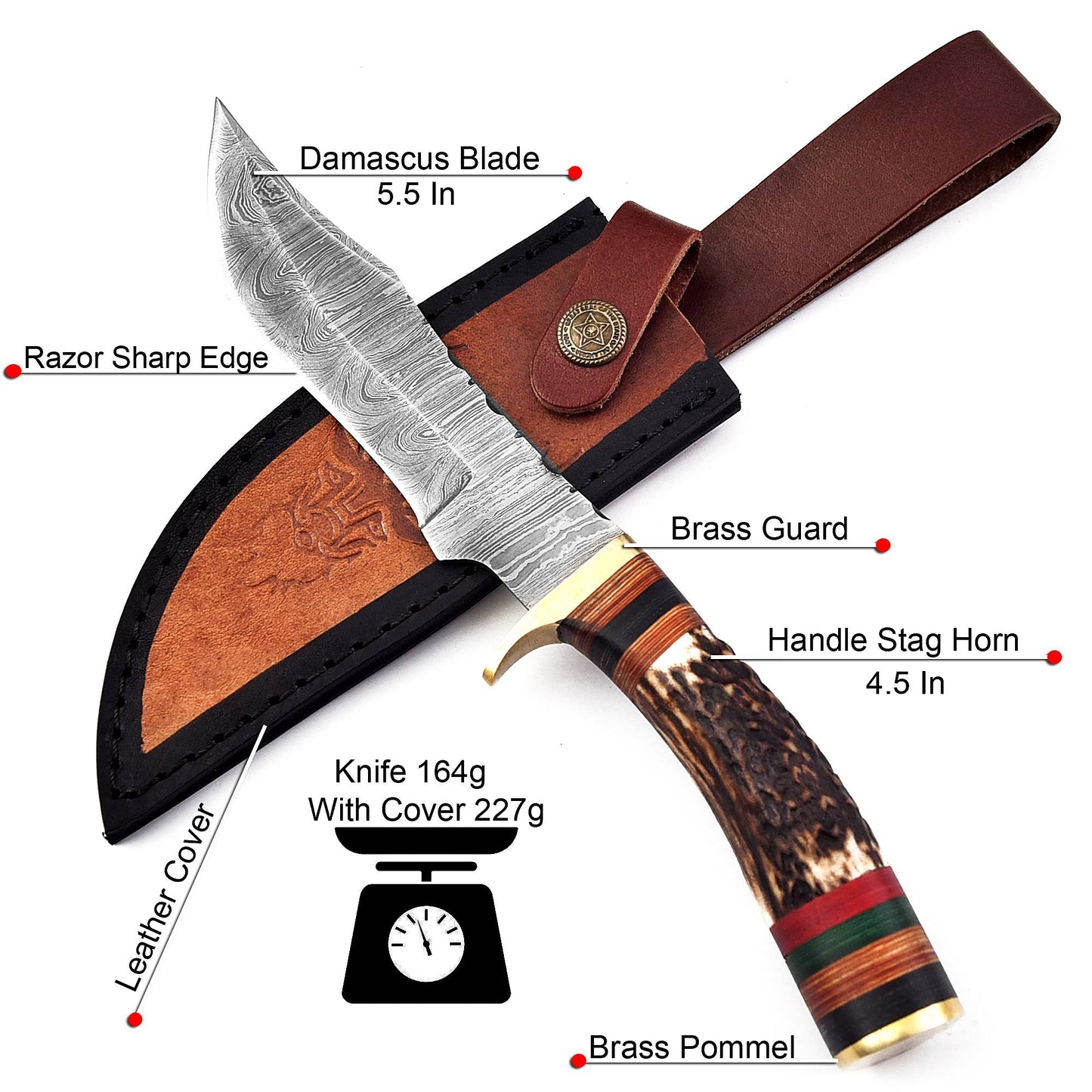 Damascus Steel Bowie Knife – Stag Antler Handle with Brass Guard & Leather Sheath