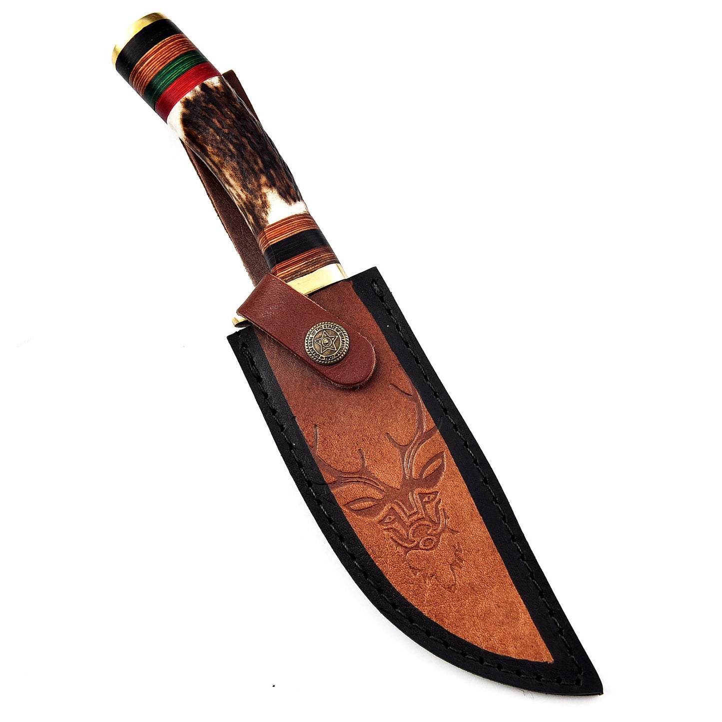 Damascus Steel Bowie Knife – Stag Antler Handle with Brass Guard & Leather Sheath