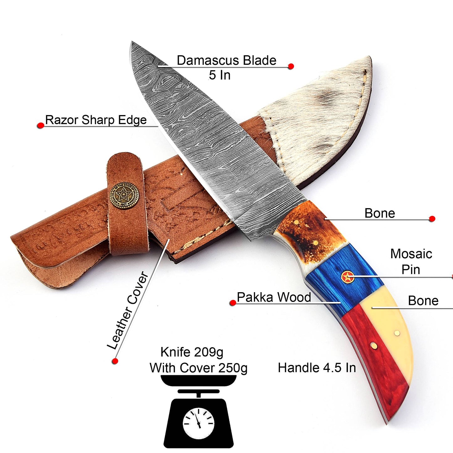 Damascus Steel Skinning Knife – Bone & Pakka Wood Handle with Leather Sheath