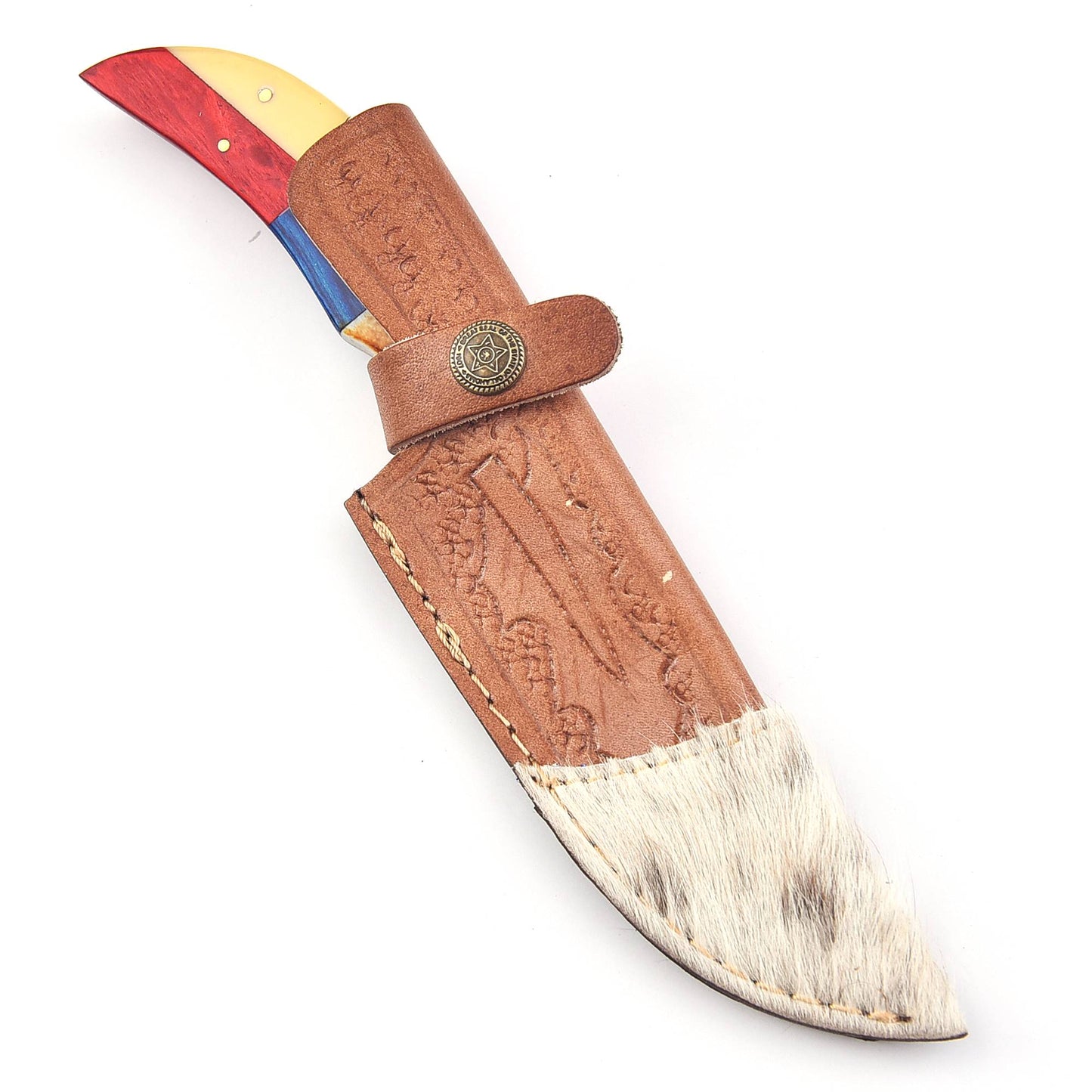 Damascus Steel Skinning Knife – Bone & Pakka Wood Handle with Leather Sheath