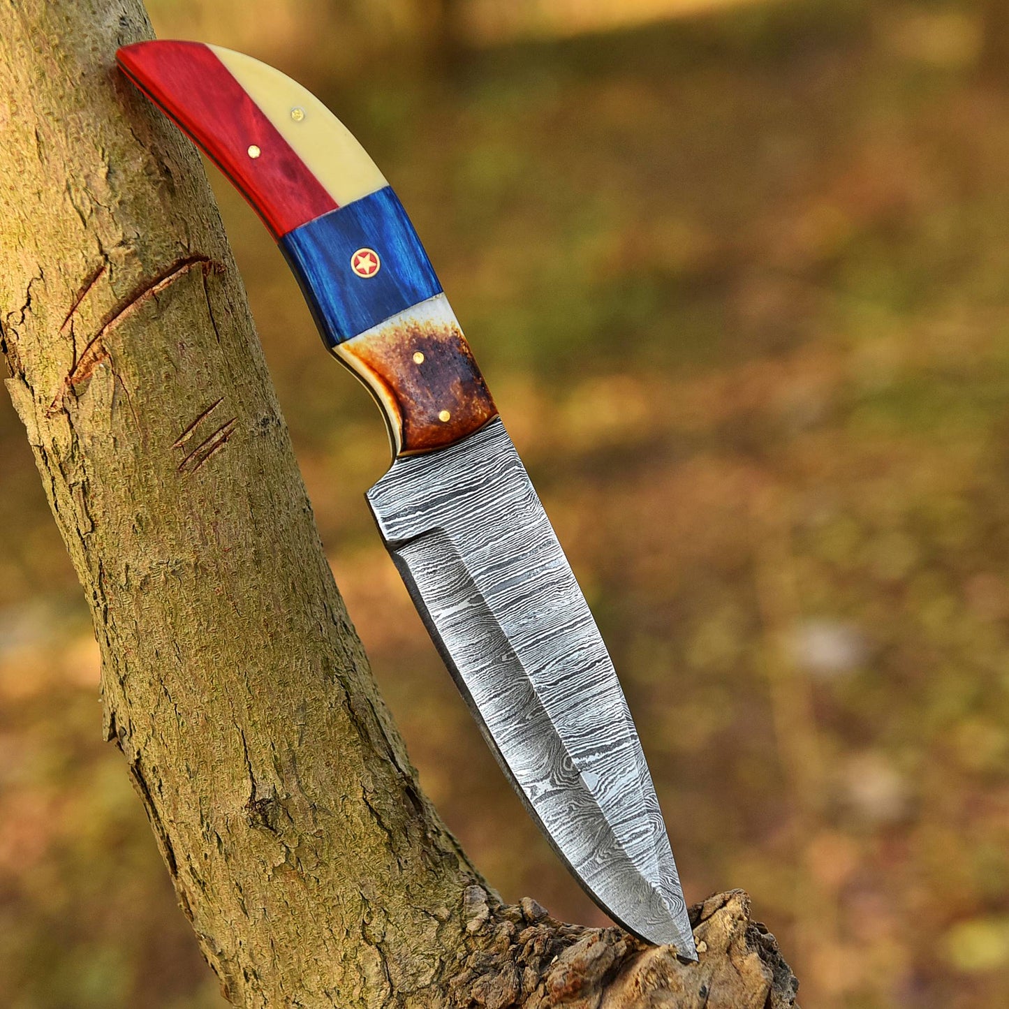 Damascus Steel Skinning Knife – Bone & Pakka Wood Handle with Leather Sheath
