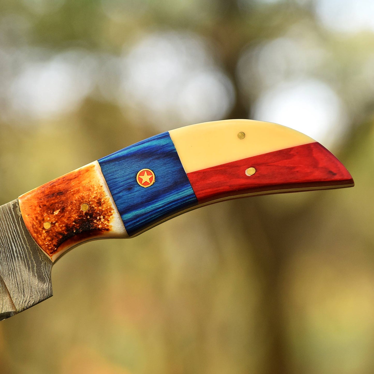 Damascus Steel Skinning Knife – Bone & Pakka Wood Handle with Leather Sheath
