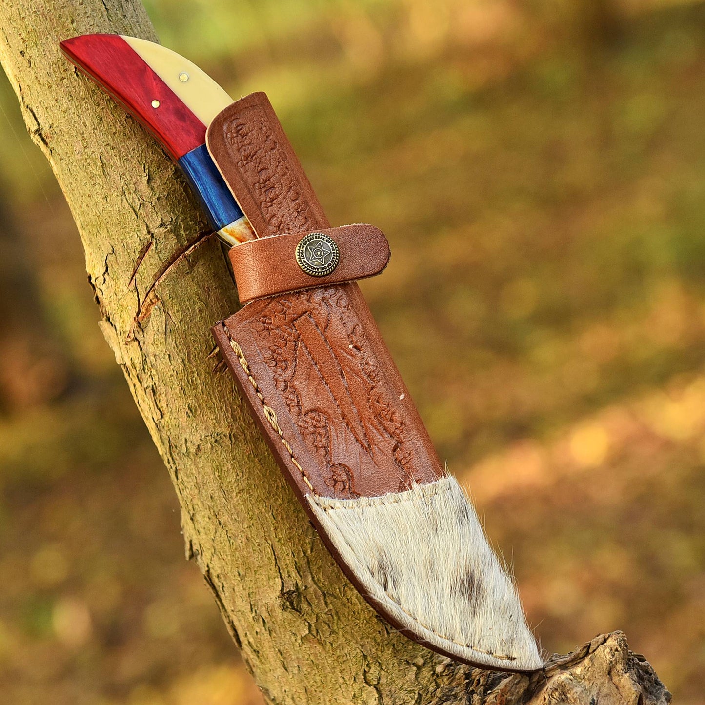 Damascus Steel Skinning Knife – Bone & Pakka Wood Handle with Leather Sheath