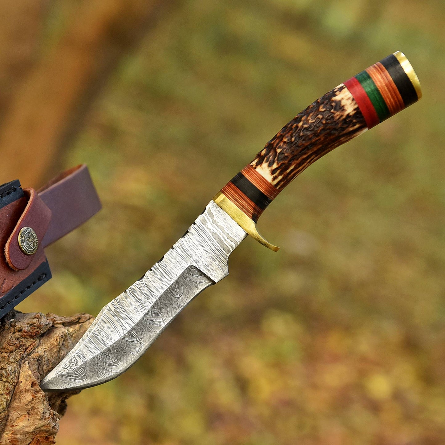 Damascus Steel Bowie Knife – Stag Antler Handle with Brass Guard & Leather Sheath