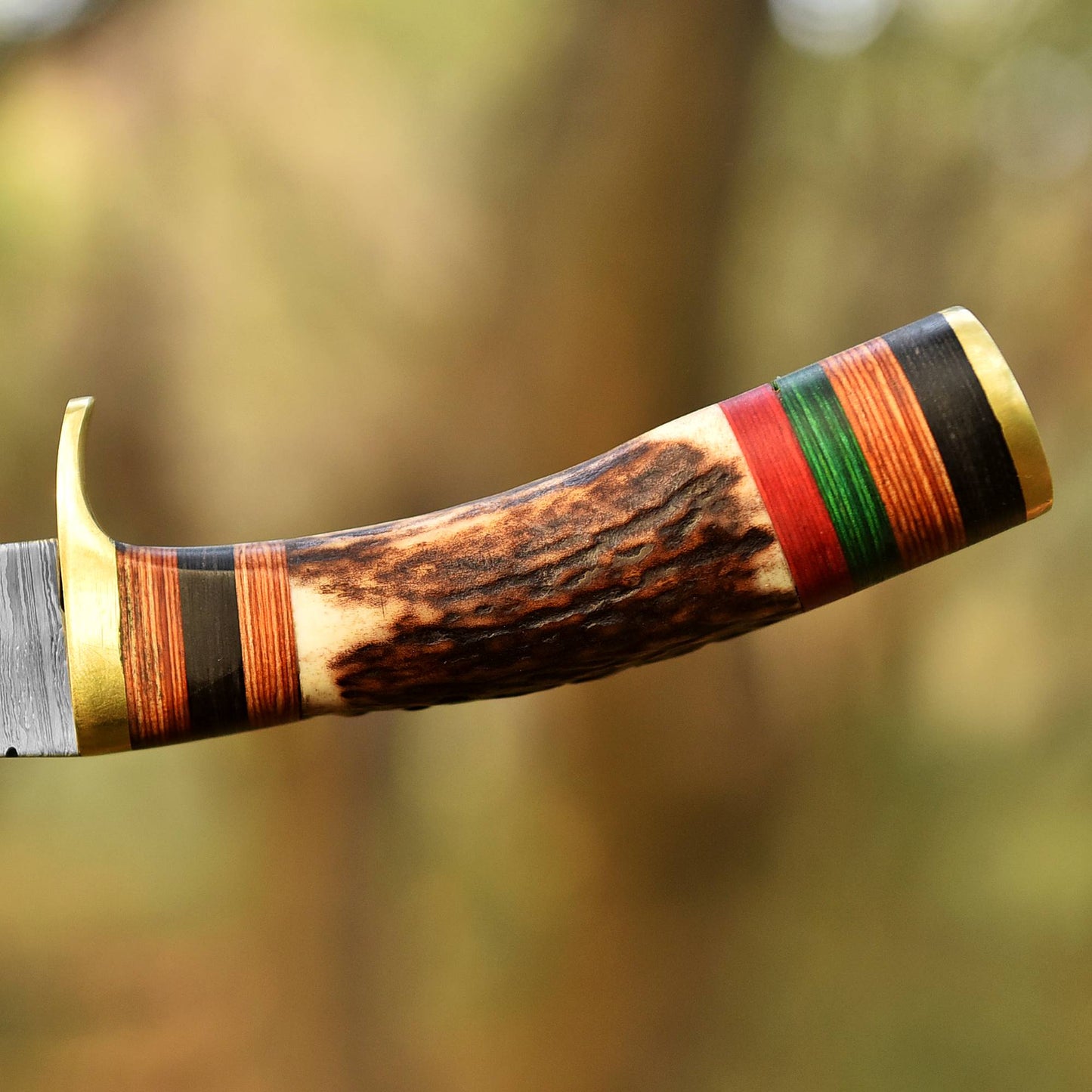 Damascus Steel Bowie Knife – Stag Antler Handle with Brass Guard & Leather Sheath