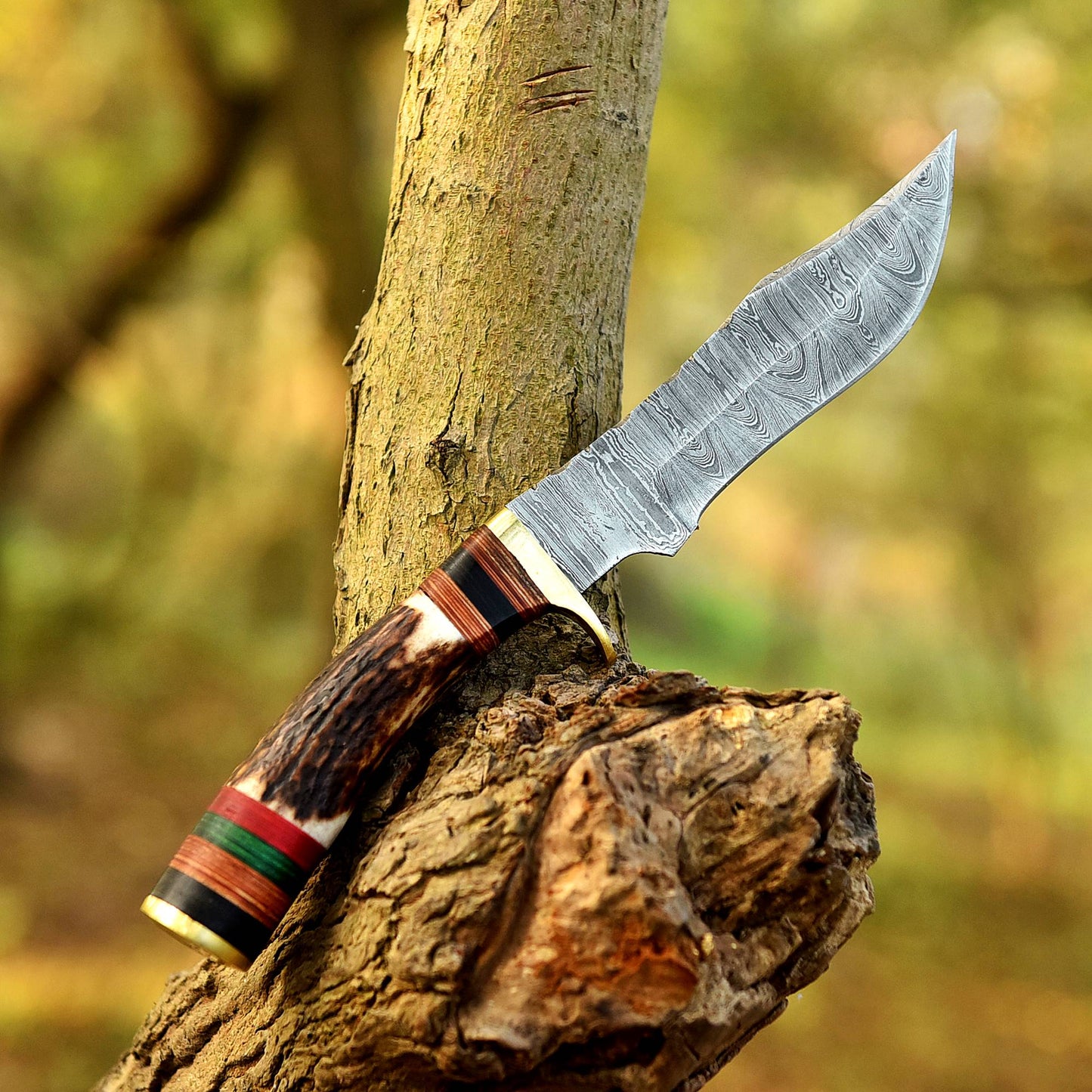 Damascus Steel Bowie Knife – Stag Antler Handle with Brass Guard & Leather Sheath