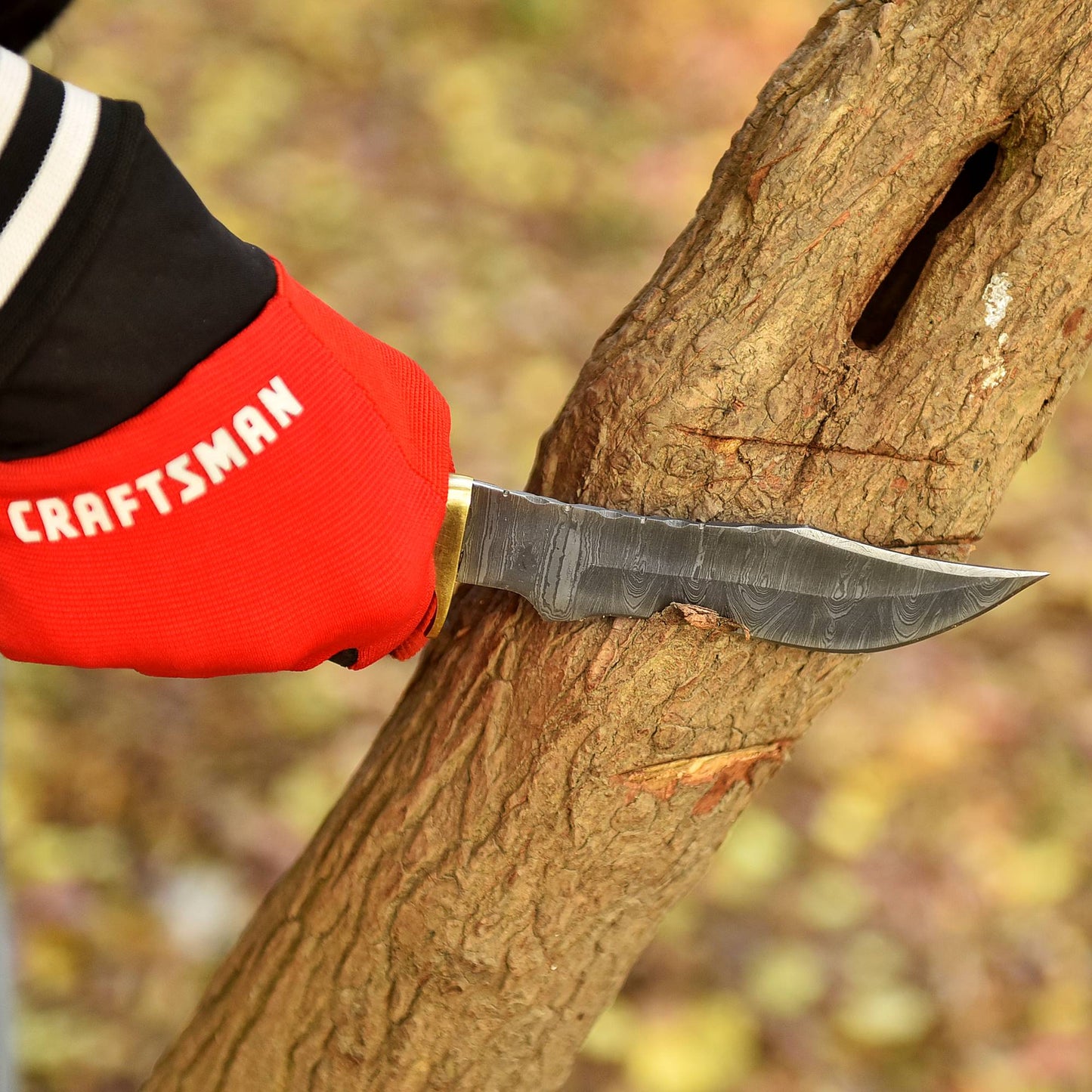 Damascus Steel Bowie Knife – Stag Antler Handle with Brass Guard & Leather Sheath