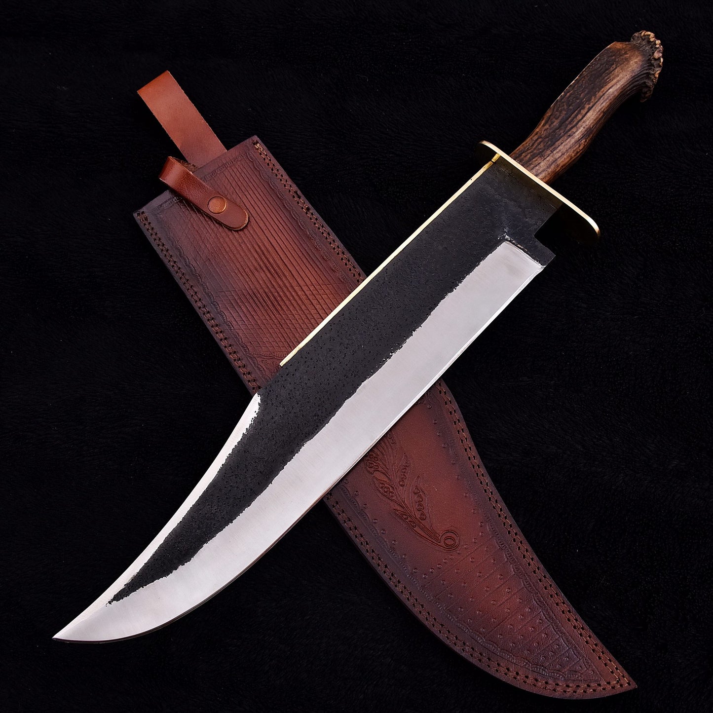 Rambo Style Large Bowie Knife with Genuine Stag Handle & Leather Sheath