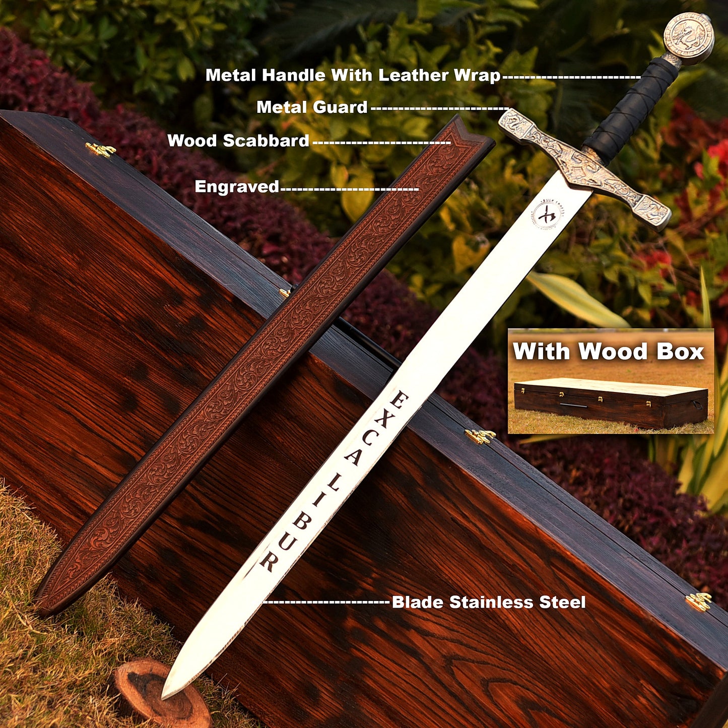 Excalibur Sword with Sheath – Legendary Medieval Blade in Premium Wooden Display Box