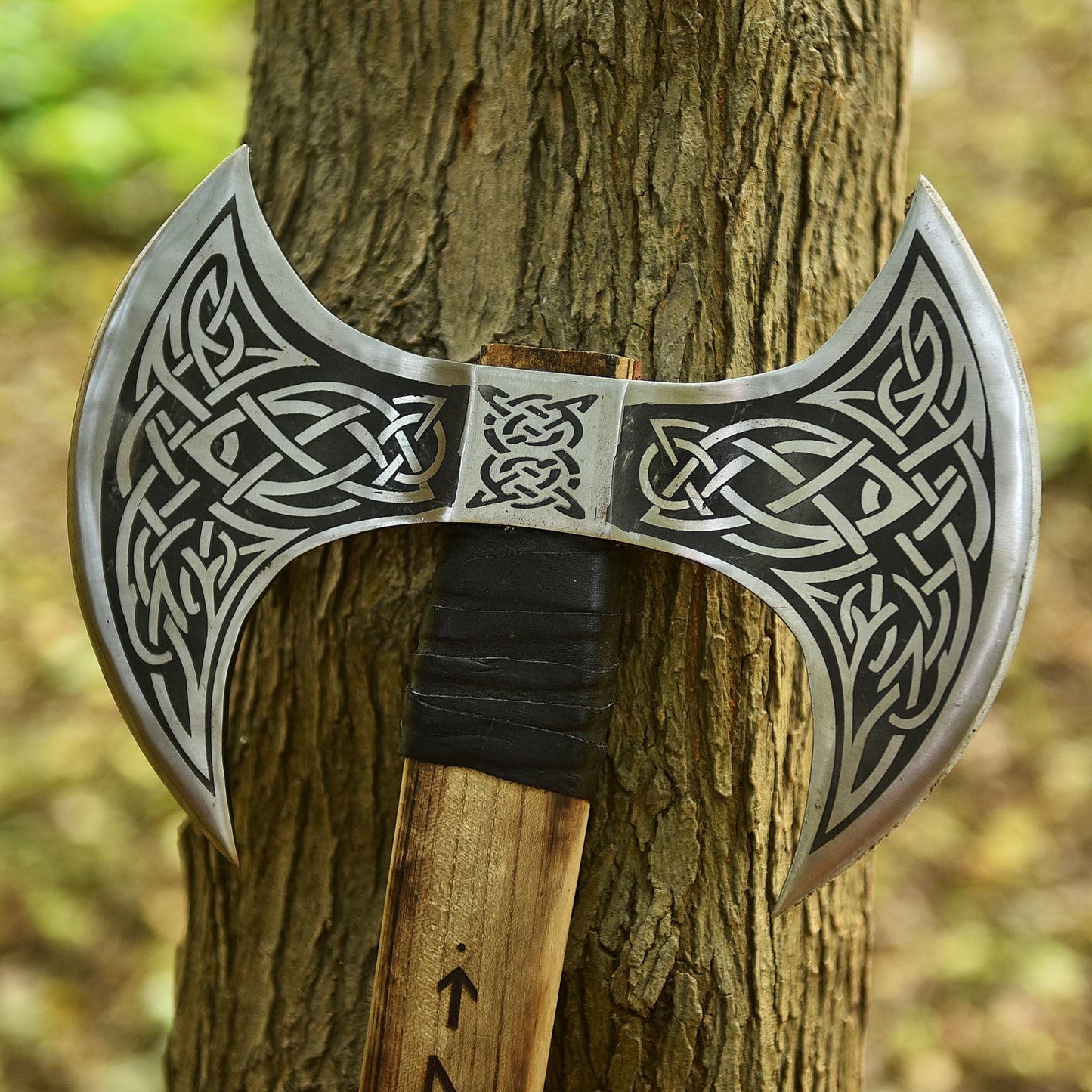 Double-Headed Viking Battle Axe with Wrapped Wooden Handle
