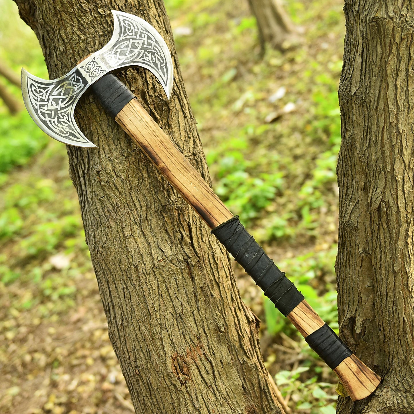 Double-Headed Viking Battle Axe with Wrapped Wooden Handle