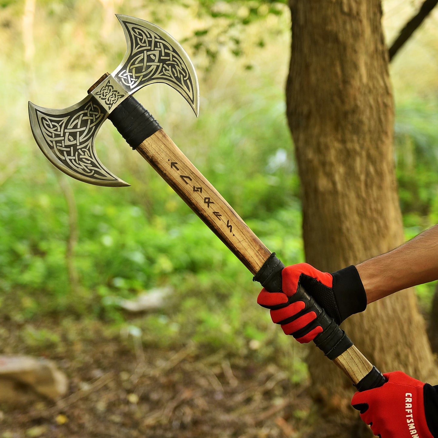 Double-Headed Viking Battle Axe with Wrapped Wooden Handle
