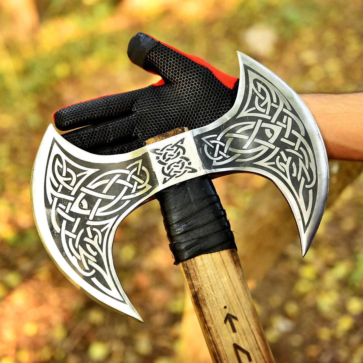 Double-Headed Viking Battle Axe with Wrapped Wooden Handle