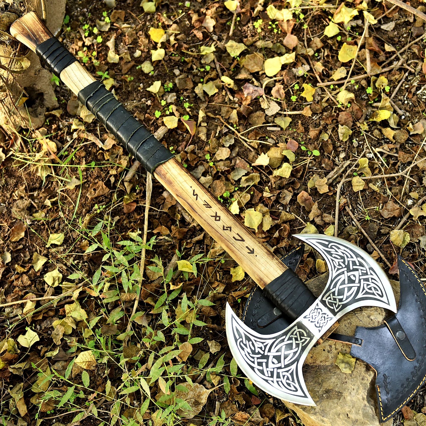 Double-Headed Viking Battle Axe with Wrapped Wooden Handle
