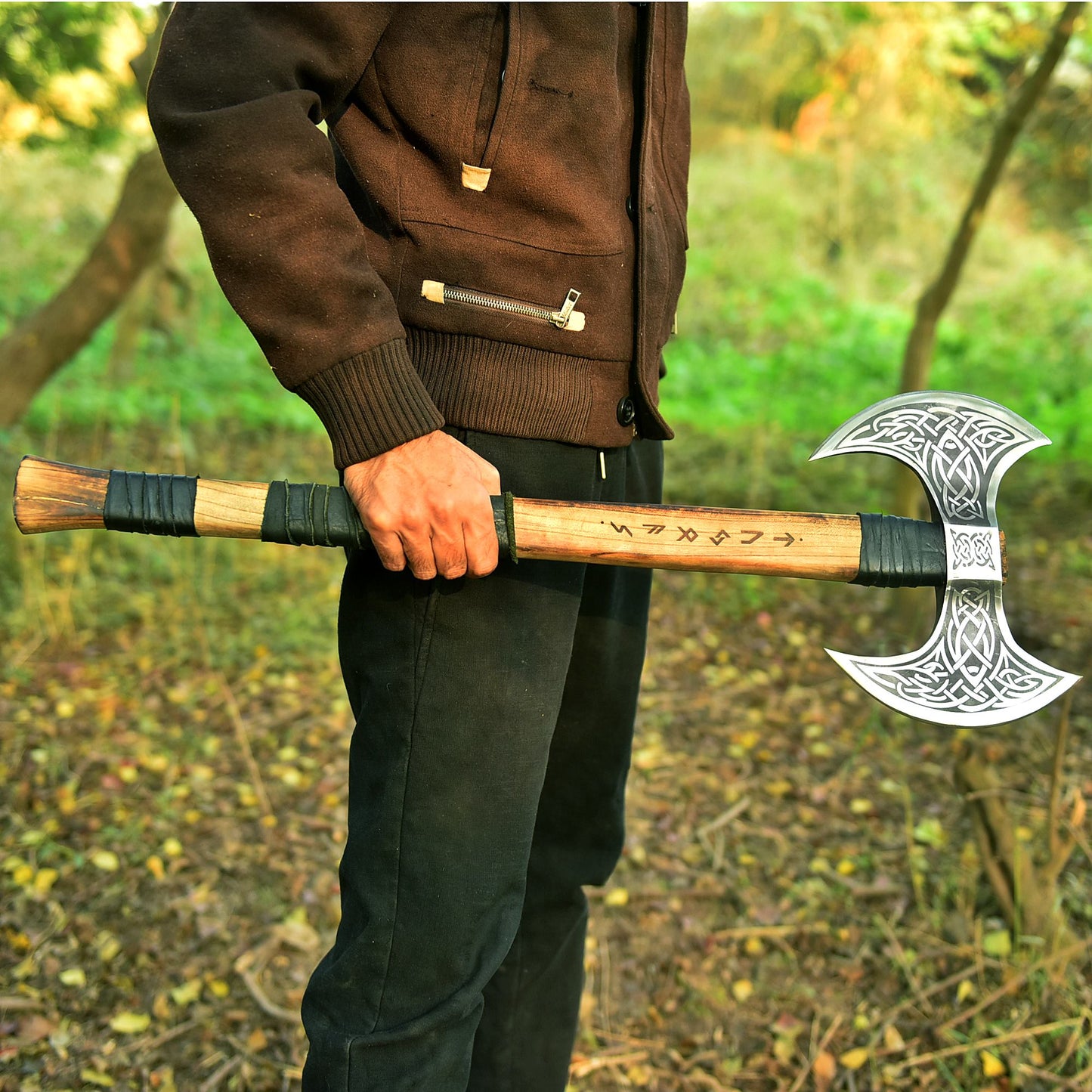 Double-Headed Viking Battle Axe with Wrapped Wooden Handle