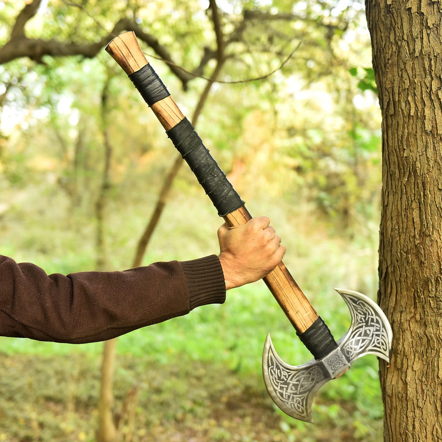 Double-Headed Viking Battle Axe with Wrapped Wooden Handle