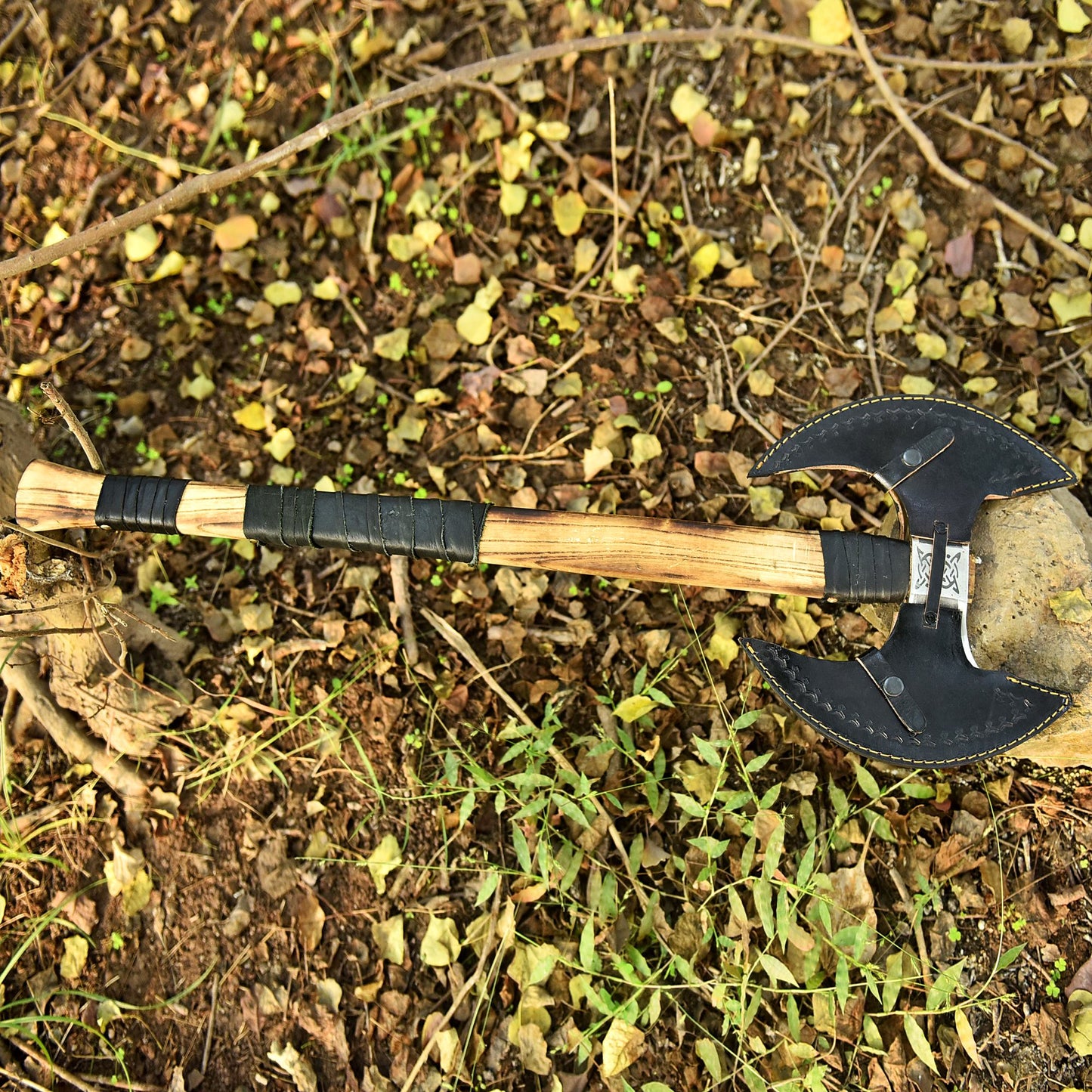 Double-Headed Viking Battle Axe with Wrapped Wooden Handle