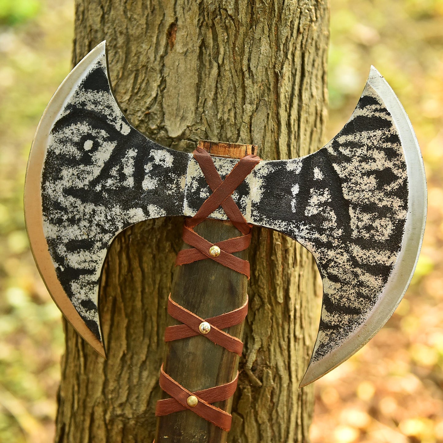 Forged Viking Double-Headed Axe | Battle-Ready Carbon Steel Blade with Leather-Wrapped Handle