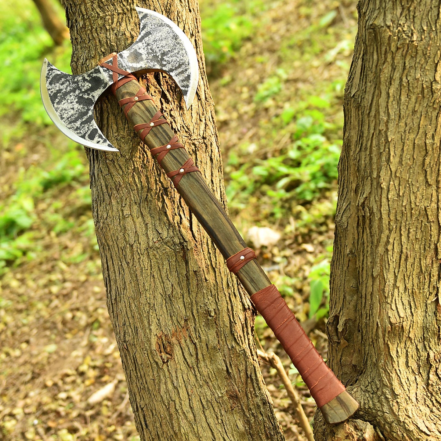 Forged Viking Double-Headed Axe | Battle-Ready Carbon Steel Blade with Leather-Wrapped Handle