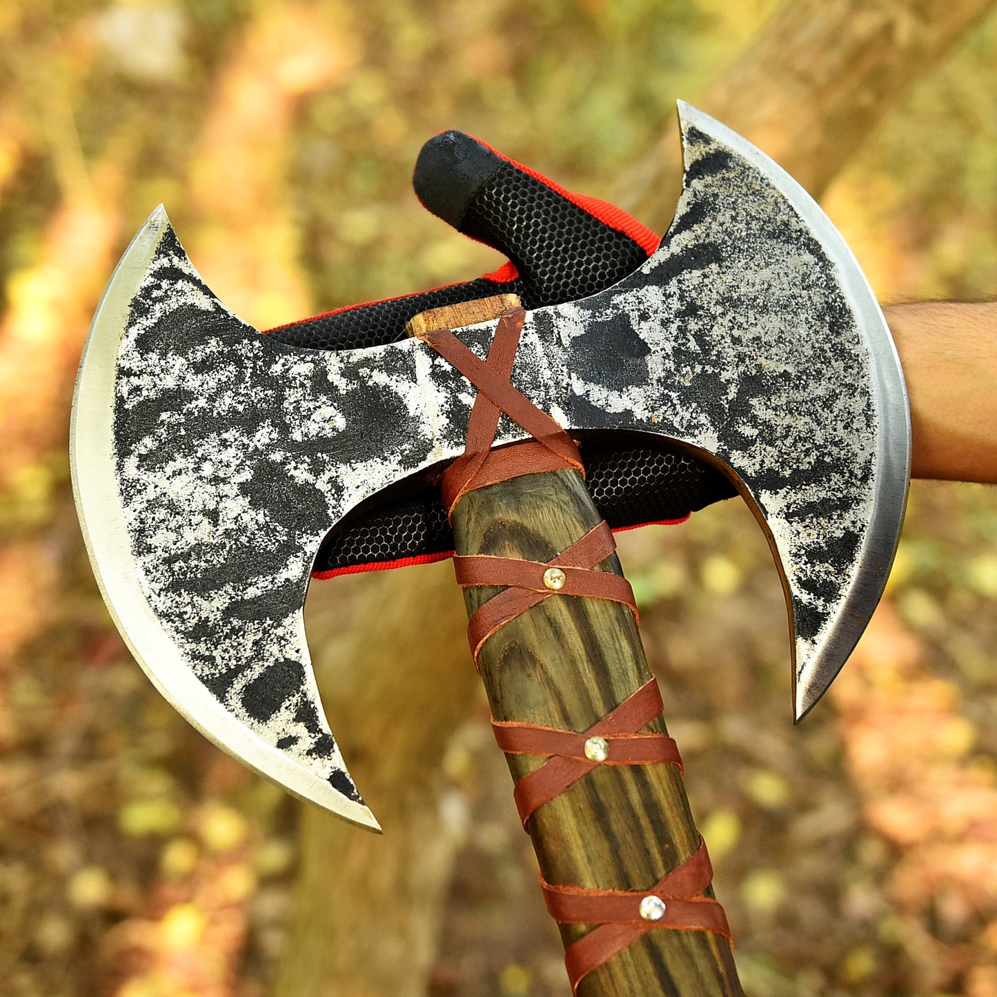 Forged Viking Double-Headed Axe | Battle-Ready Carbon Steel Blade with Leather-Wrapped Handle