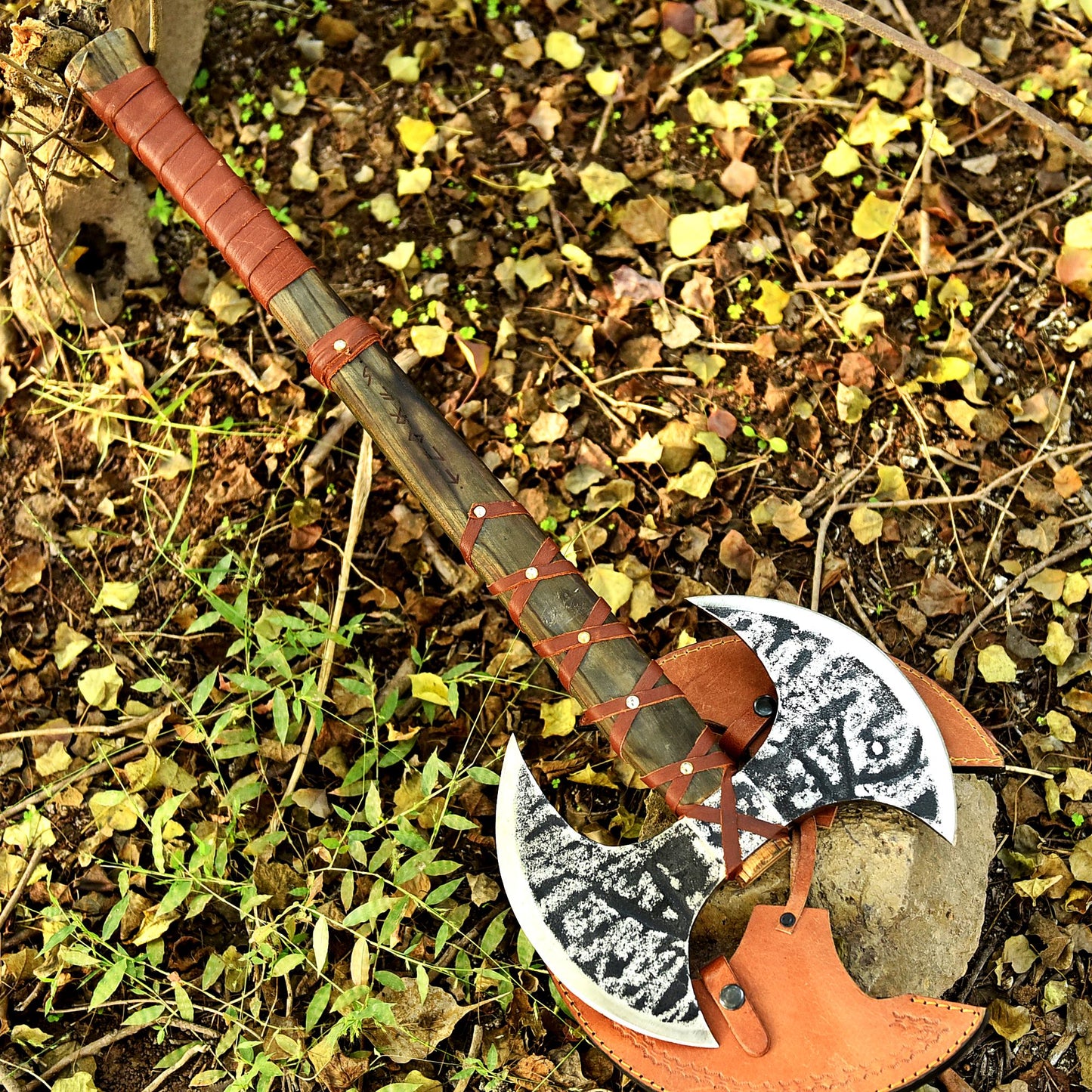 Forged Viking Double-Headed Axe | Battle-Ready Carbon Steel Blade with Leather-Wrapped Handle
