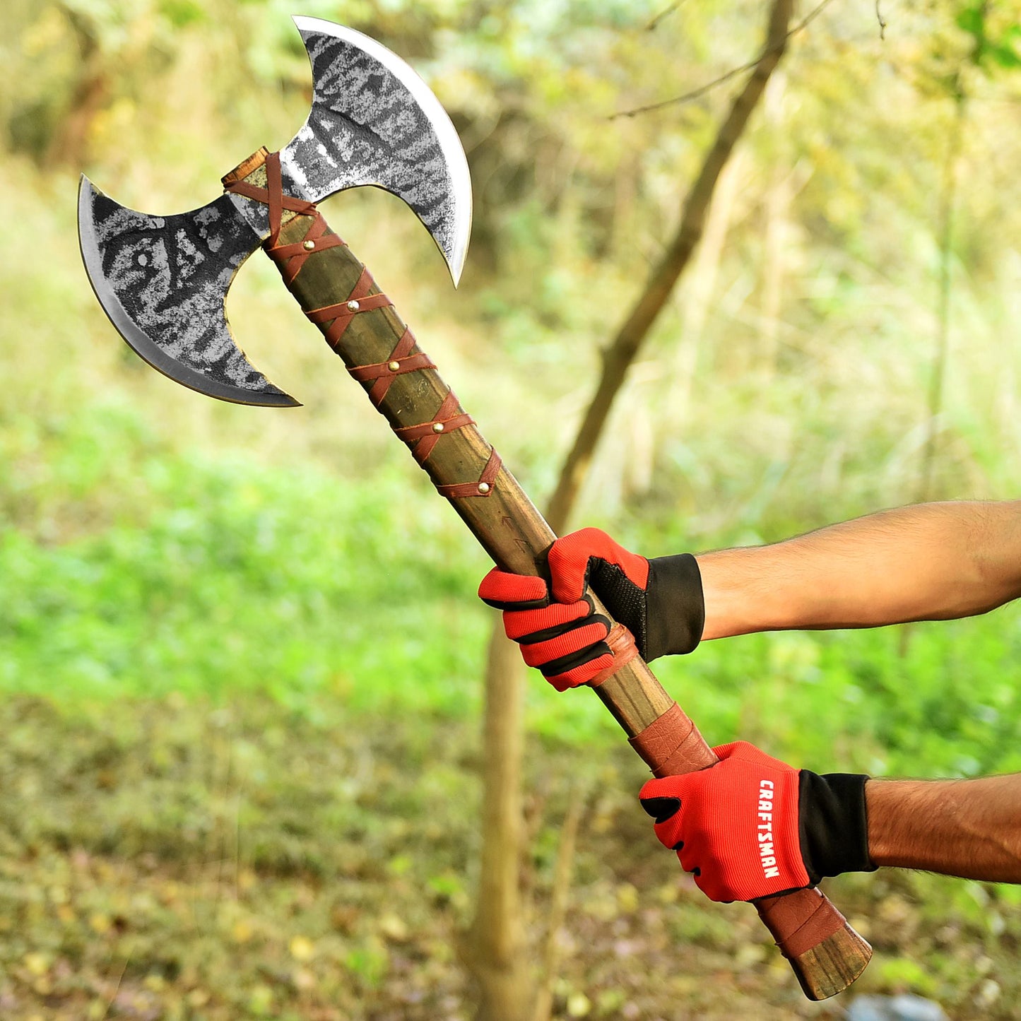 Forged Viking Double-Headed Axe | Battle-Ready Carbon Steel Blade with Leather-Wrapped Handle