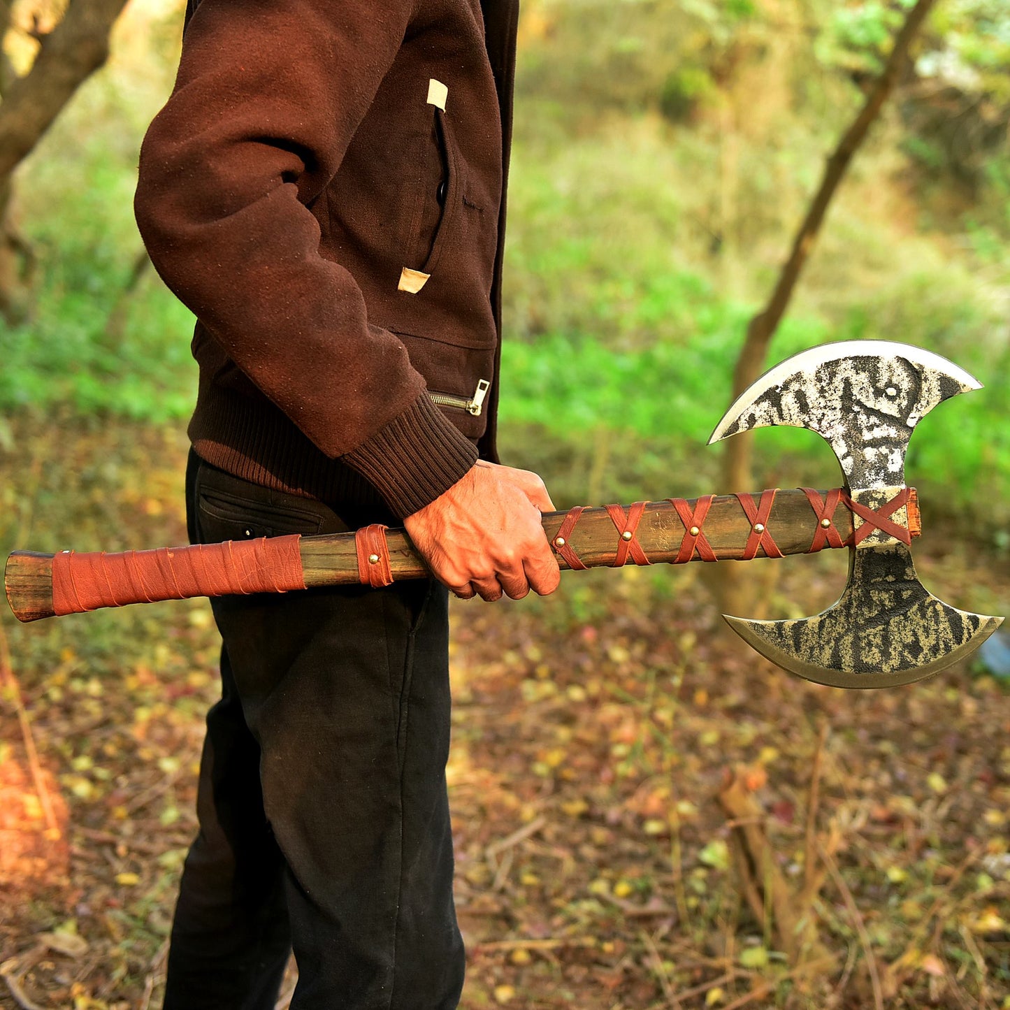 Forged Viking Double-Headed Axe | Battle-Ready Carbon Steel Blade with Leather-Wrapped Handle