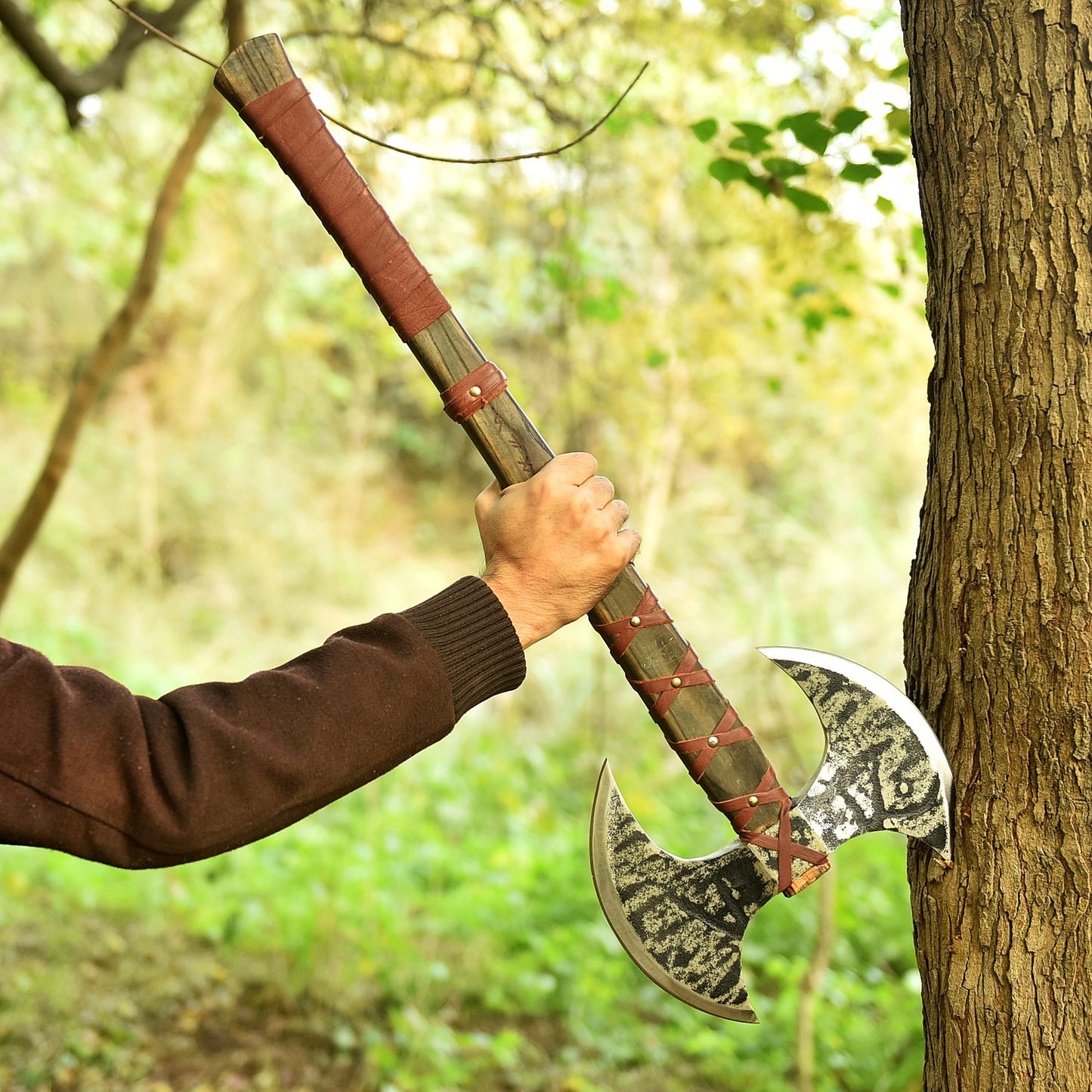 Forged Viking Double-Headed Axe | Battle-Ready Carbon Steel Blade with Leather-Wrapped Handle