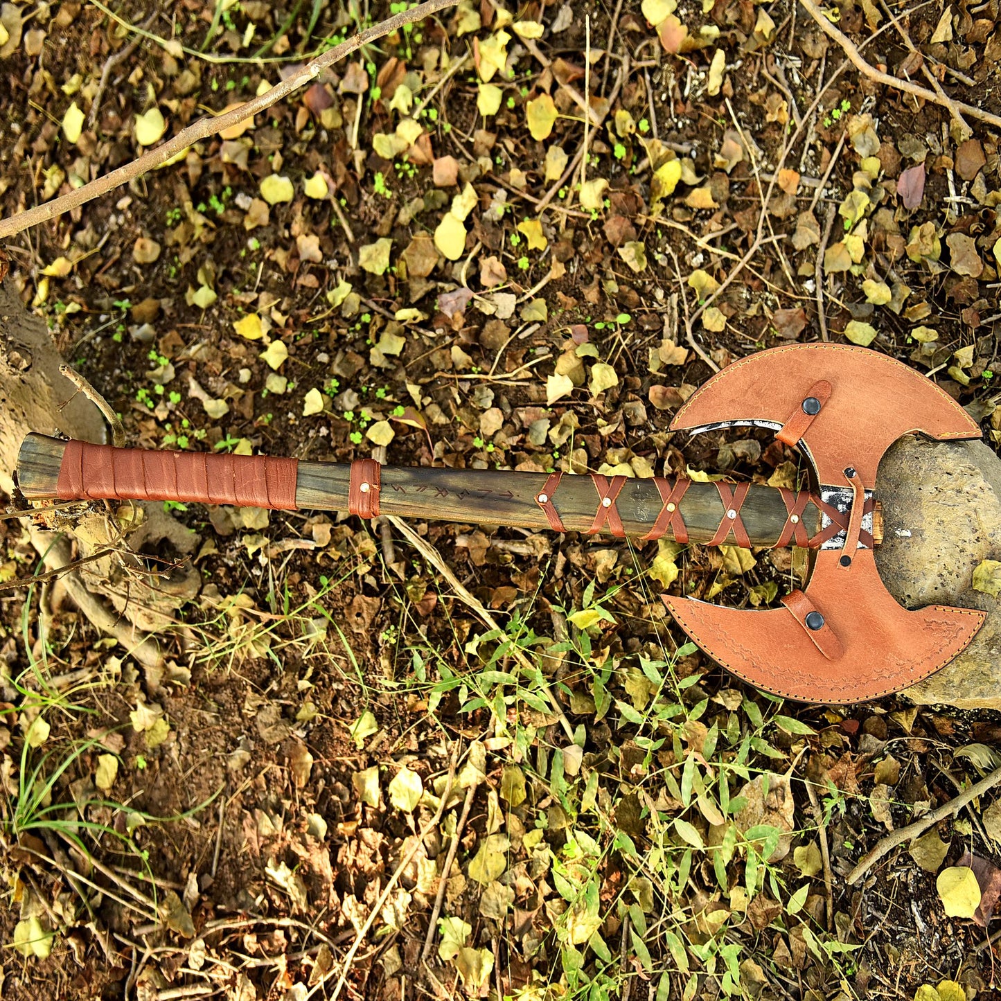 Forged Viking Double-Headed Axe | Battle-Ready Carbon Steel Blade with Leather-Wrapped Handle
