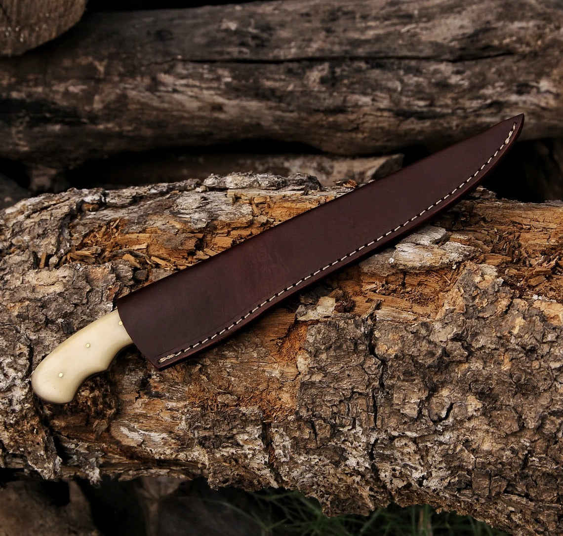 Handmade Damascus Steel Fillet Knife – Bone & Wood Handle with Leather Sheath | Precision Fish & Meat Knife