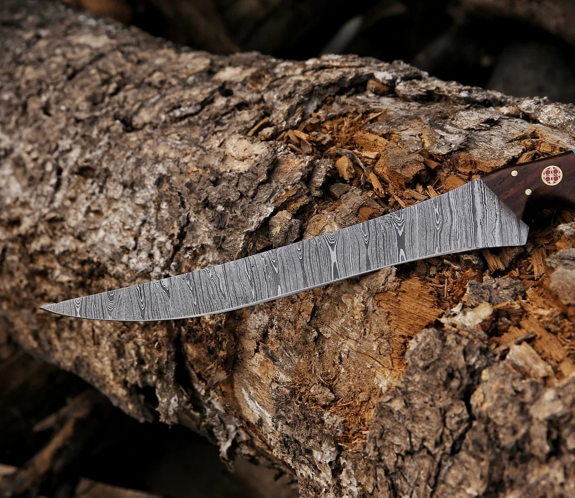 Handmade Damascus Steel Fillet Knife – Bone & Wood Handle with Leather Sheath | Precision Fish & Meat Knife