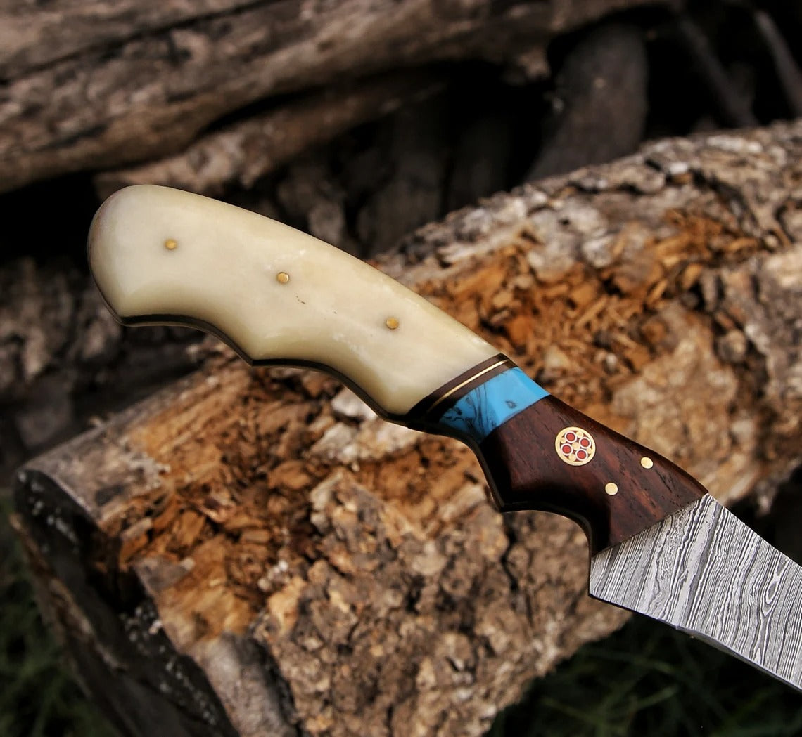Handmade Damascus Steel Fillet Knife – Bone & Wood Handle with Leather Sheath | Precision Fish & Meat Knife