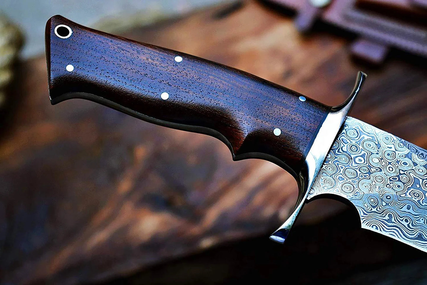 Hand-Forged Damascus Bowie Knife | Rosewood Handle | Hunting & Outdoor Survival Knife