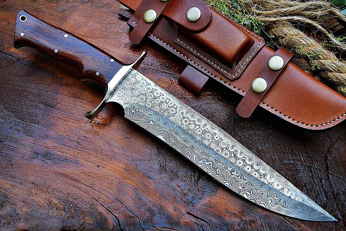 Hand-Forged Damascus Bowie Knife | Rosewood Handle | Hunting & Outdoor Survival Knife