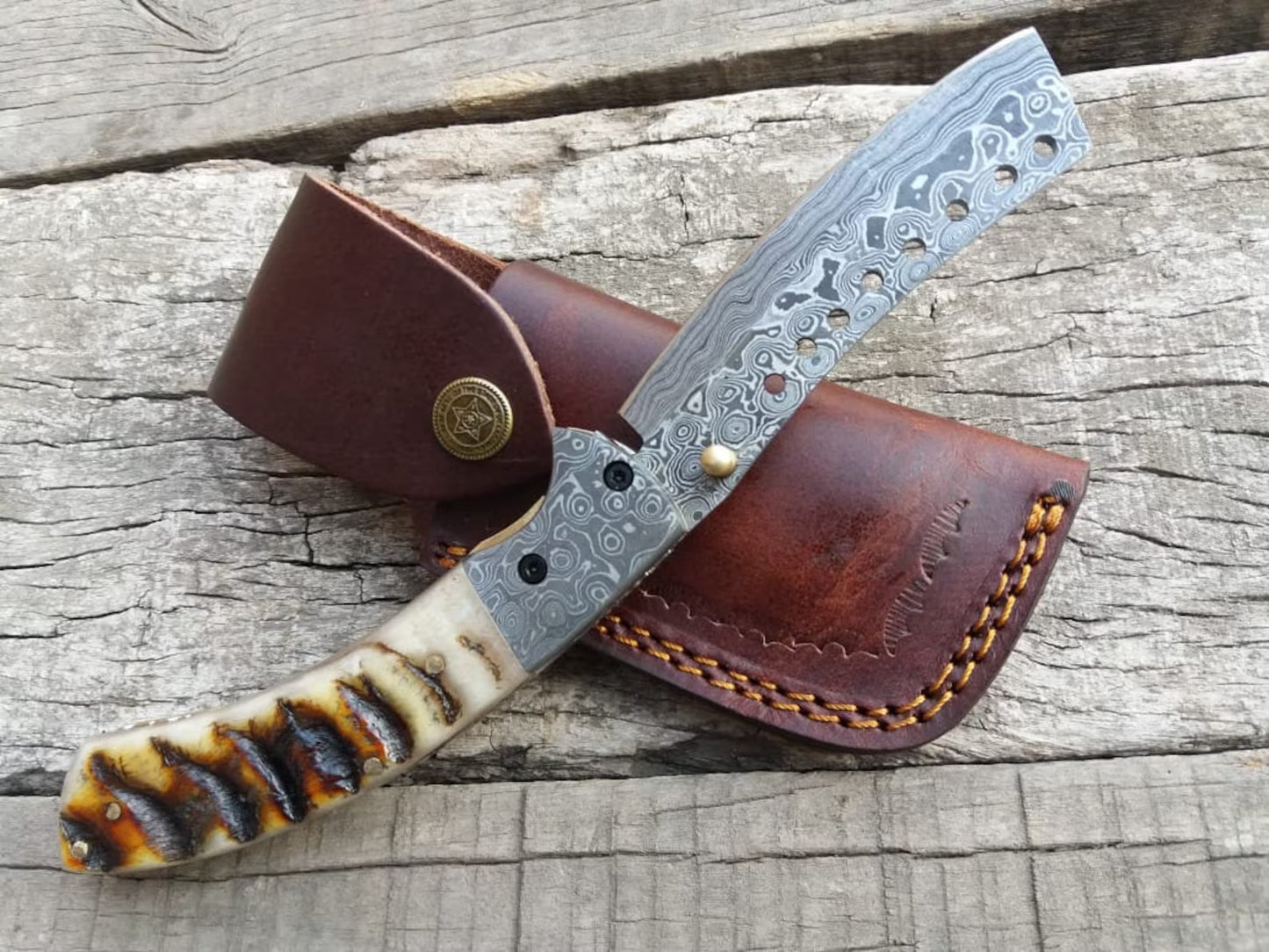 Handmade Damascus Steel Folding Pocket Knife – Himalayan Ram Horn Handle | Custom EDC Blade