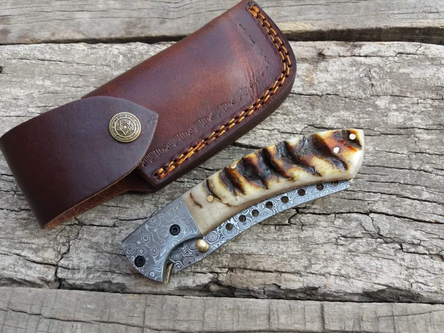 Handmade Damascus Steel Folding Pocket Knife – Himalayan Ram Horn Handle | Custom EDC Blade