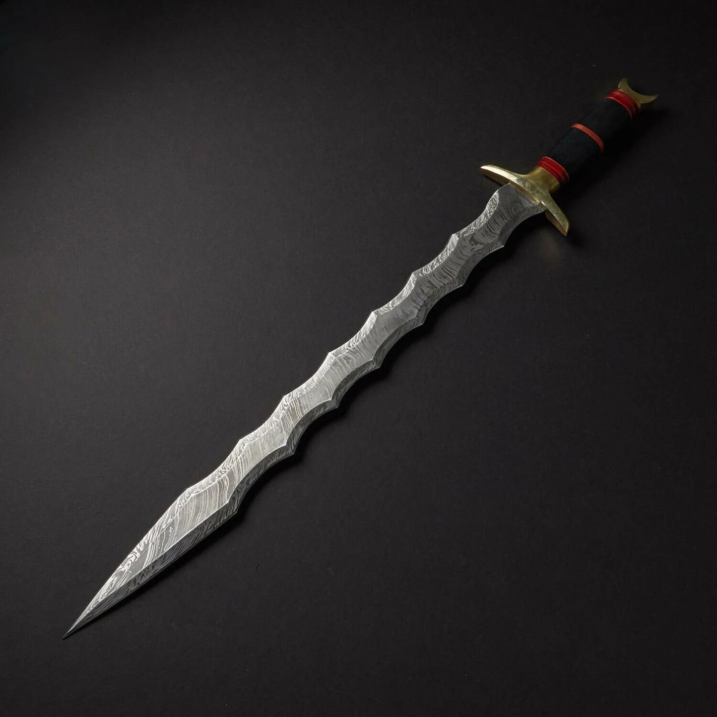 Damascus Steel Wavy Sword – Hand-Forged Flame Blade with Leather Sheath | Collector’s Fantasy Sword