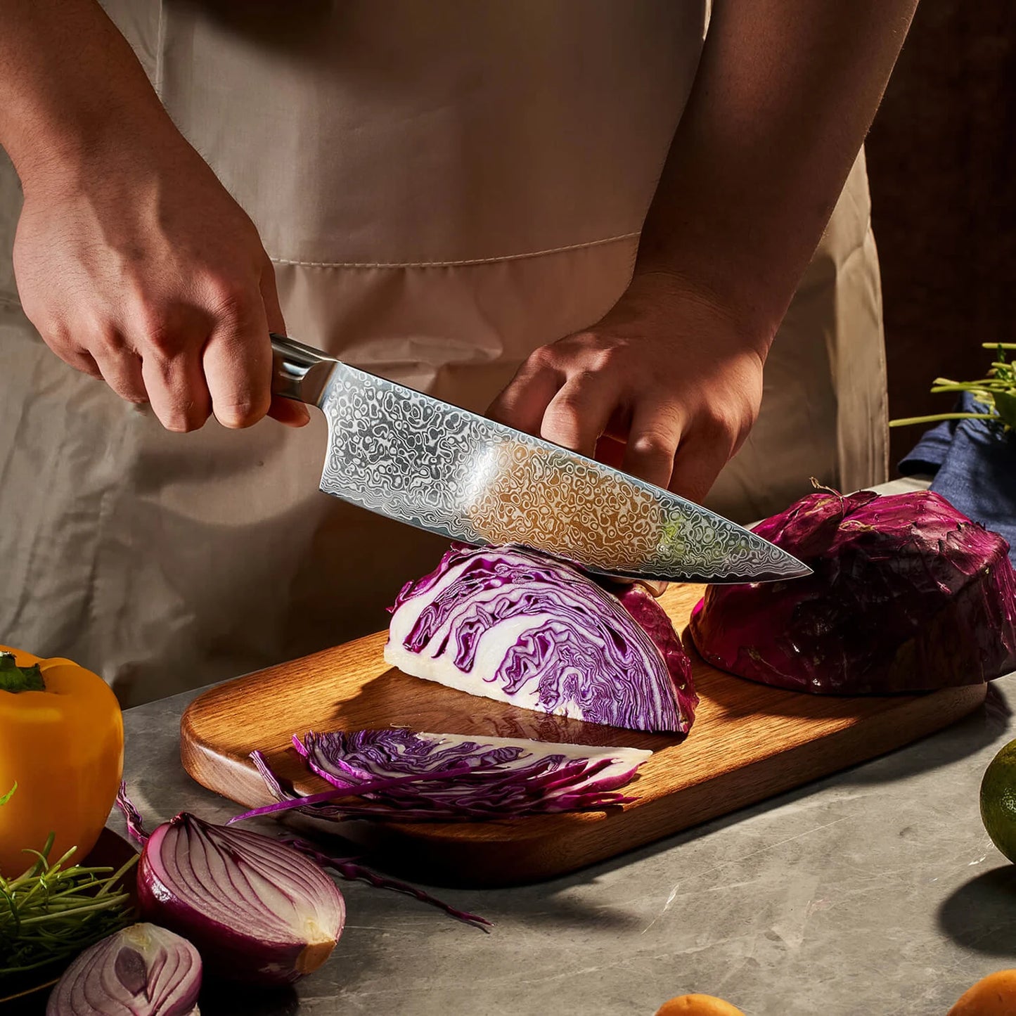 Handmade Damascus Steel Chef Knife – Patterned Blade with Polished Wood Handle | Premium Kitchen Knife