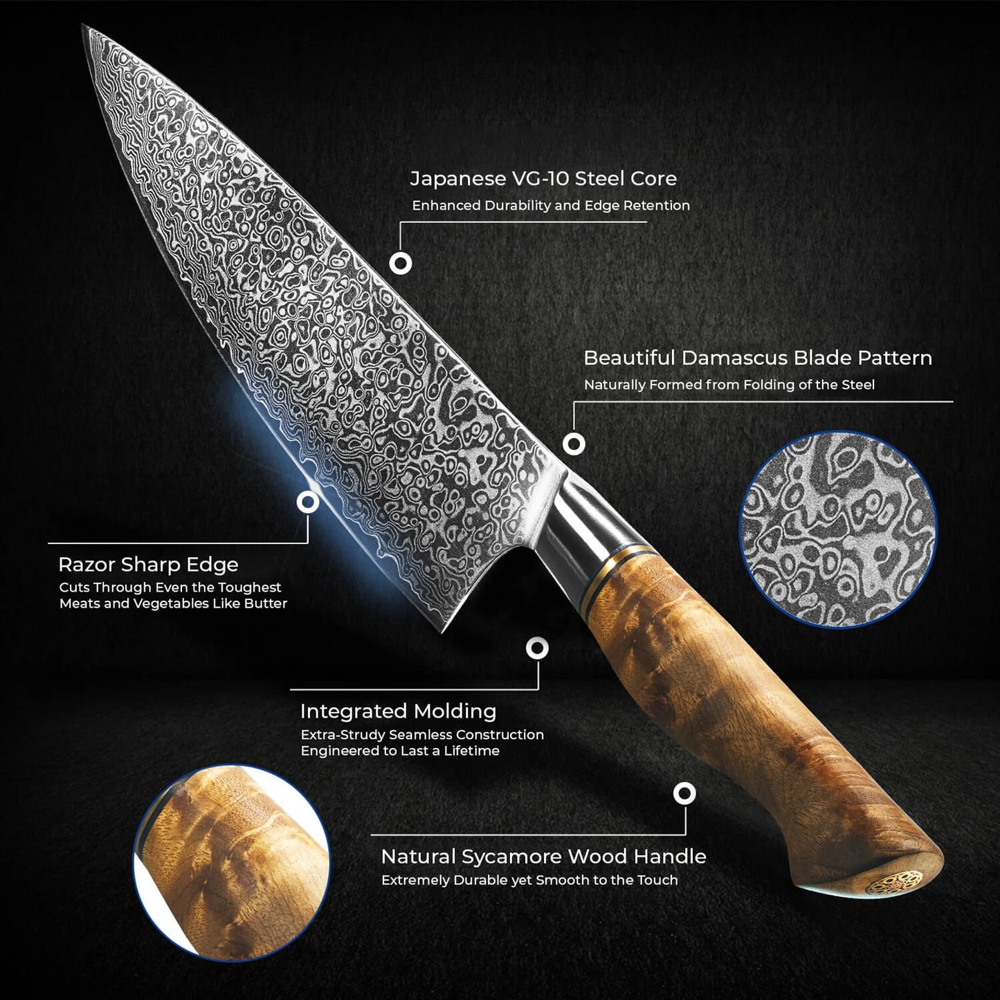 Handmade Damascus Steel Chef Knife – Patterned Blade with Polished Wood Handle | Premium Kitchen Knife