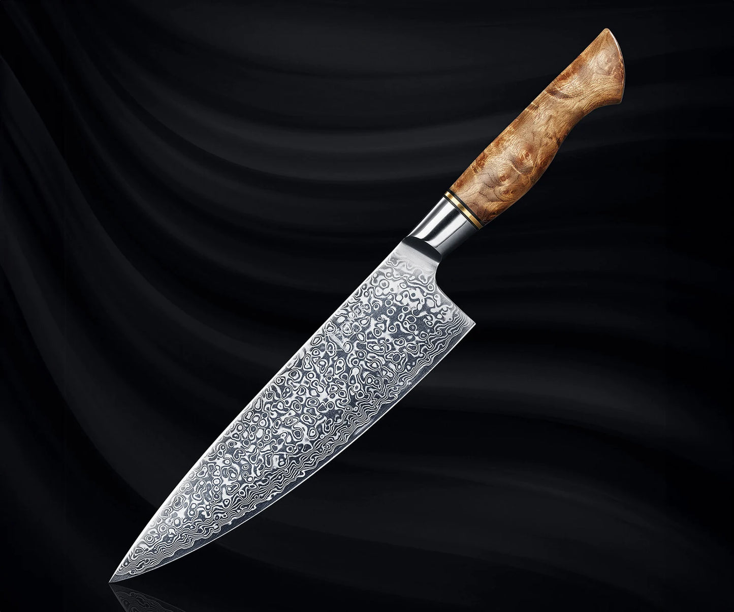 Handmade Damascus Steel Chef Knife – Patterned Blade with Polished Wood Handle | Premium Kitchen Knife