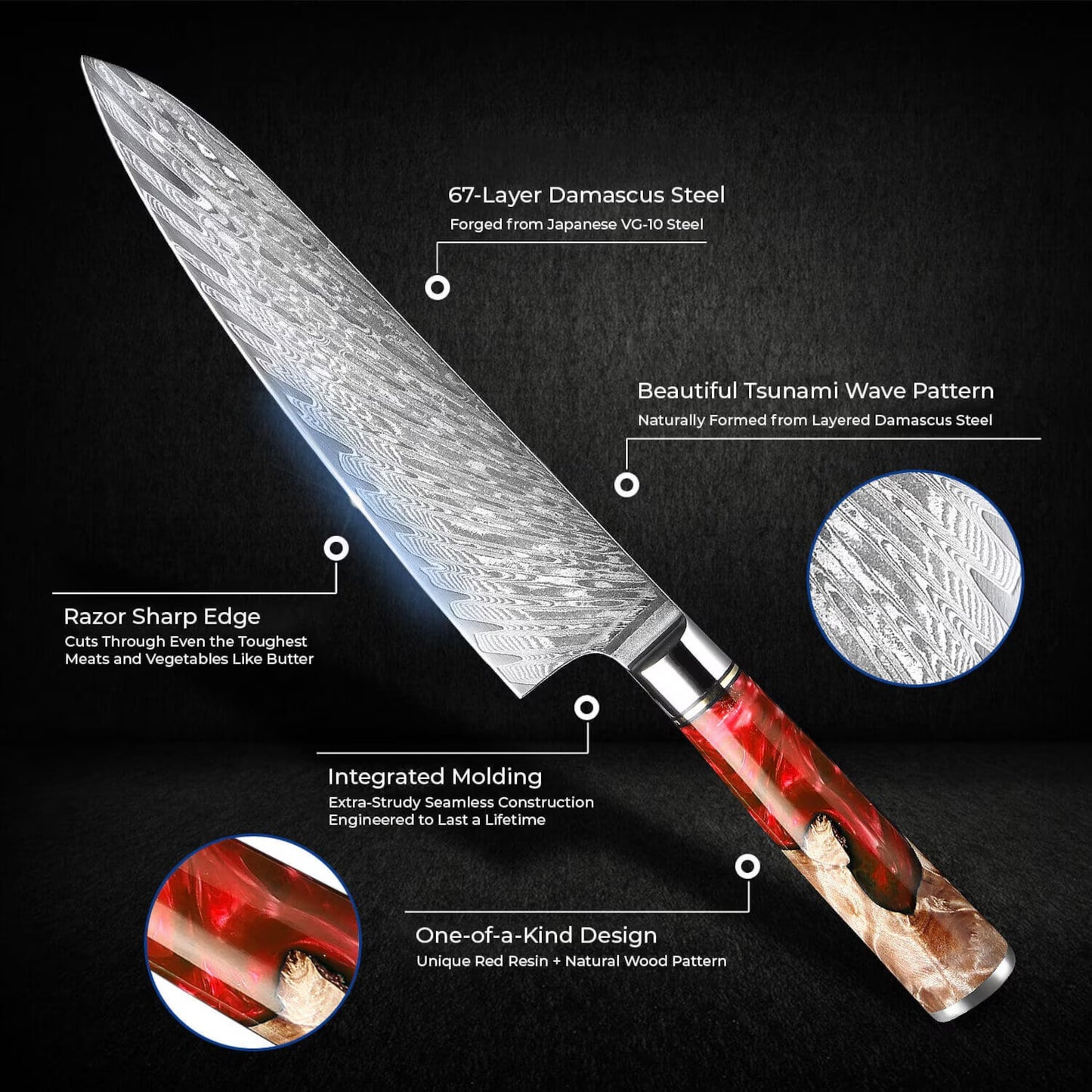 Handmade Damascus Steel Kitchen Knife Set – 7-Piece Professional Chef Collection with Resin & Burl Wood Handles