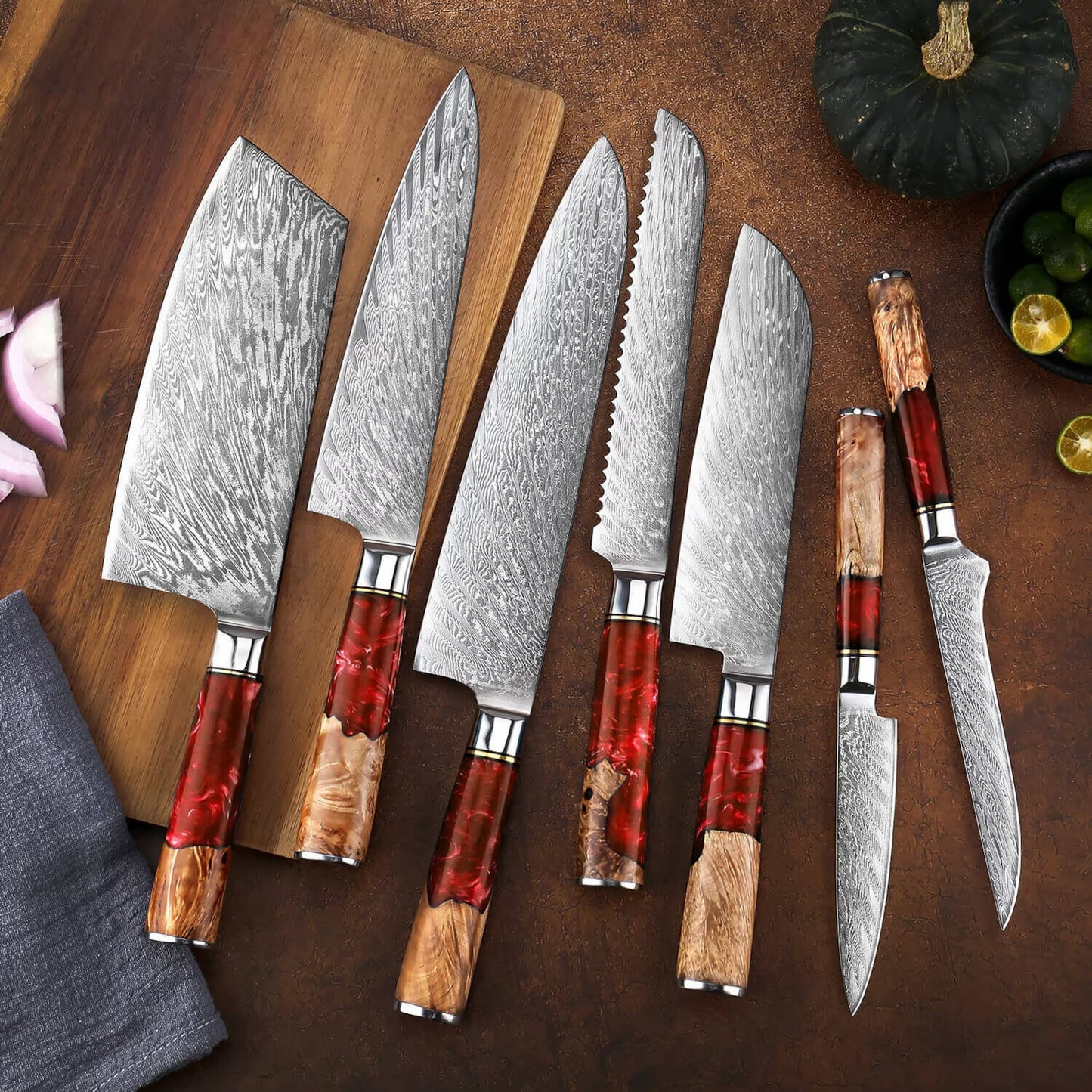 Handmade Damascus Steel Kitchen Knife Set – 7-Piece Professional Chef Collection with Resin & Burl Wood Handles