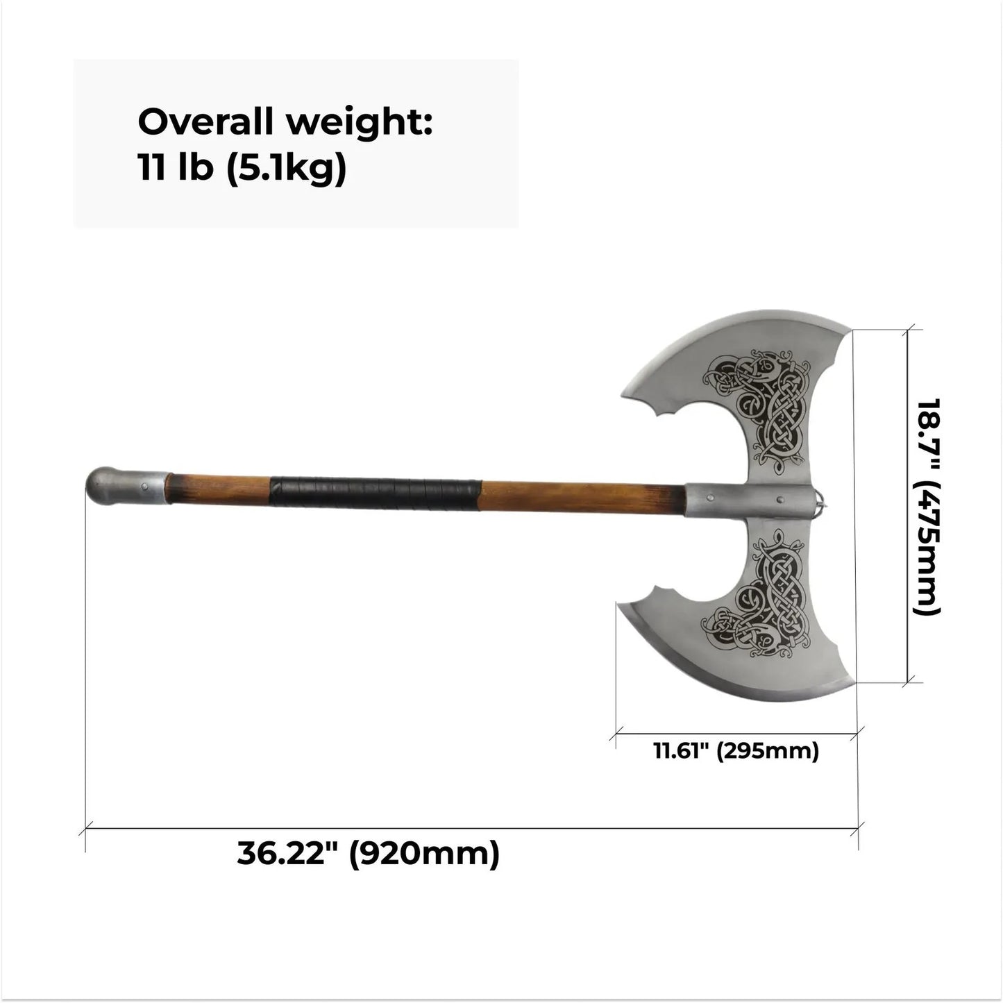 Viking Double-Headed Battle Axe – Norse Knotwork Engraving & Hardwood Shaft | Two-Handed Warrior Axe