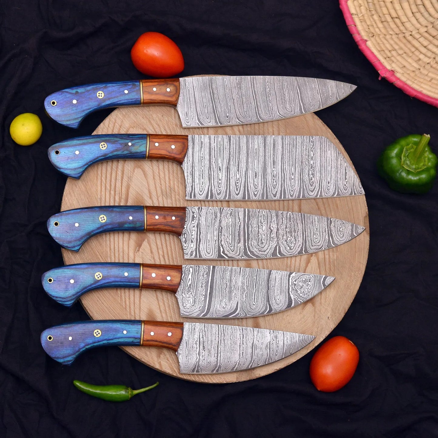 Handmade Damascus Steel Chef Knife Set – 5-Piece Culinary Set with Blue Wood Handles & Leather Roll