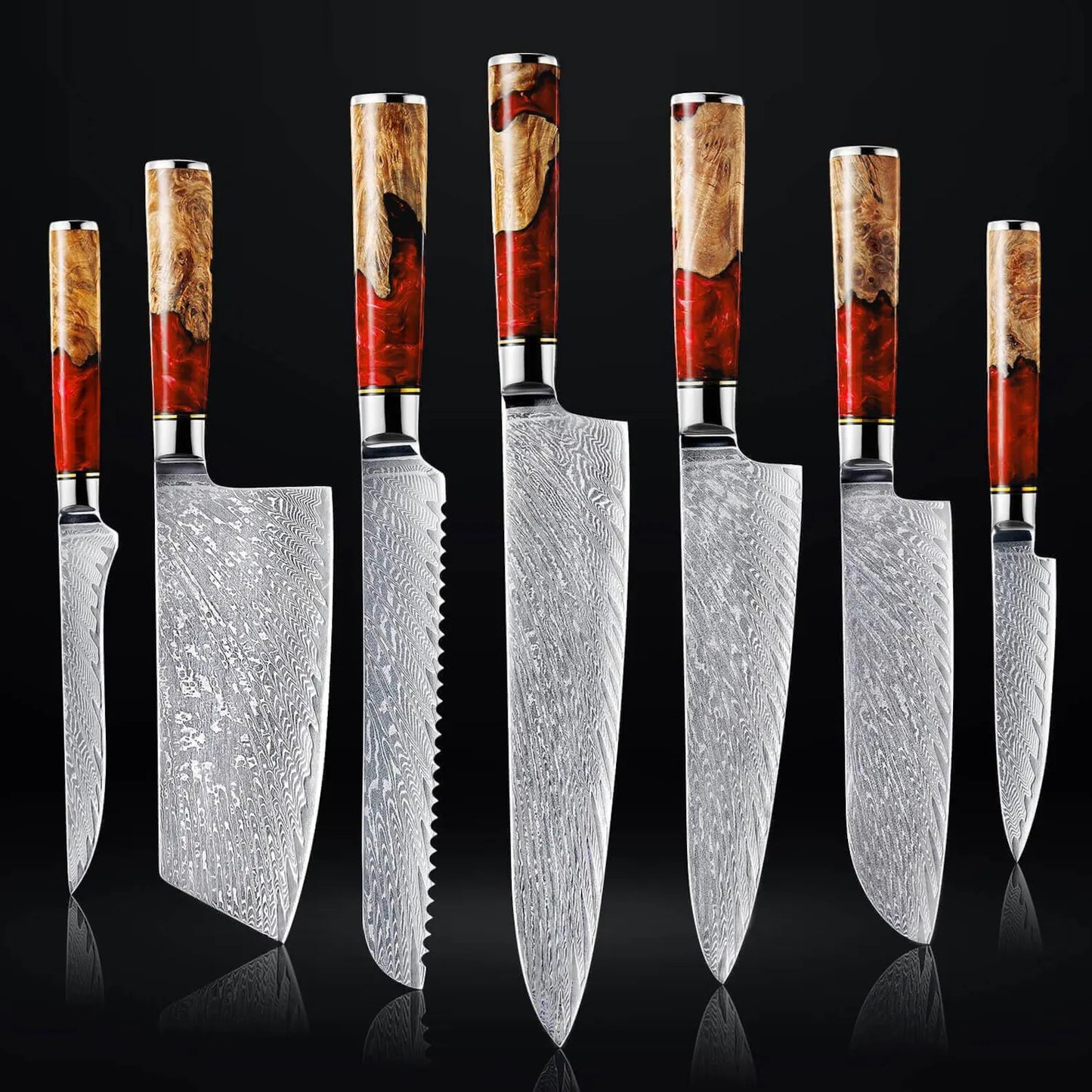 Handmade Damascus Steel Kitchen Knife Set – 7-Piece Professional Chef Collection with Resin & Burl Wood Handles