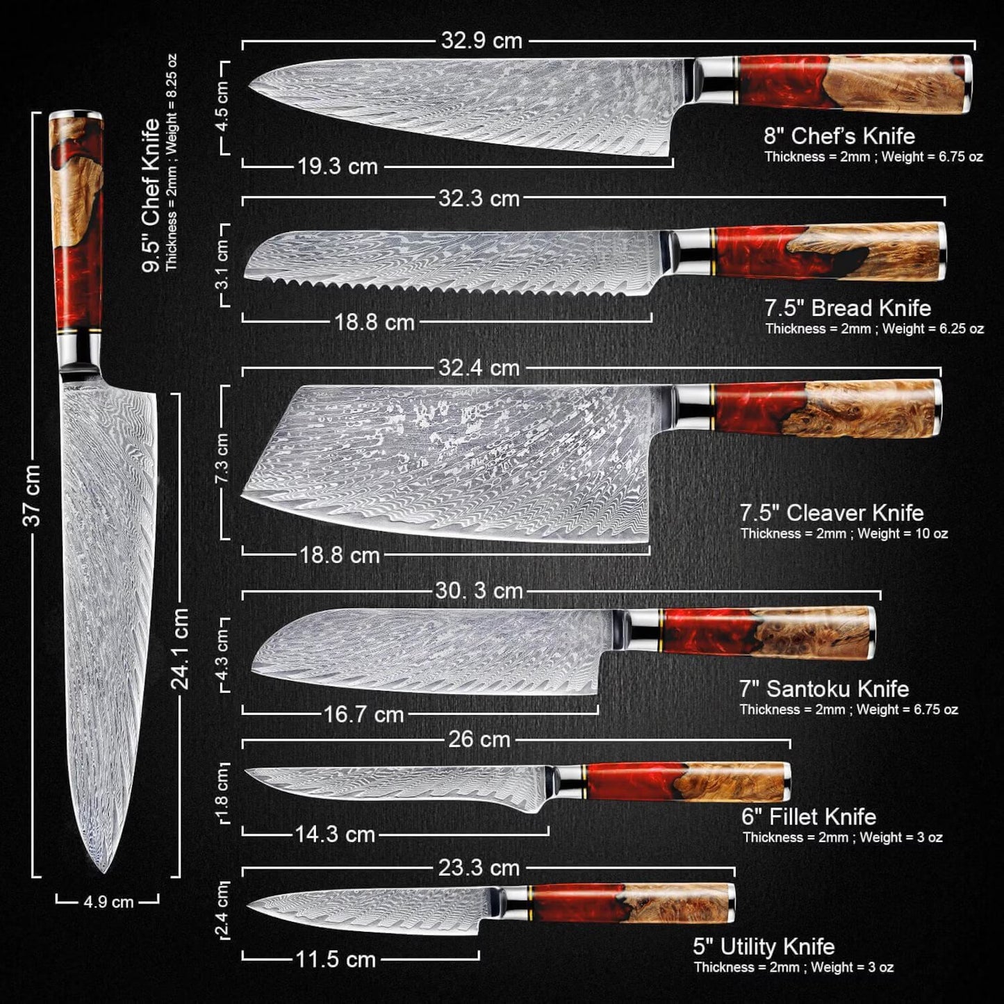 Handmade Damascus Steel Kitchen Knife Set – 7-Piece Professional Chef Collection with Resin & Burl Wood Handles