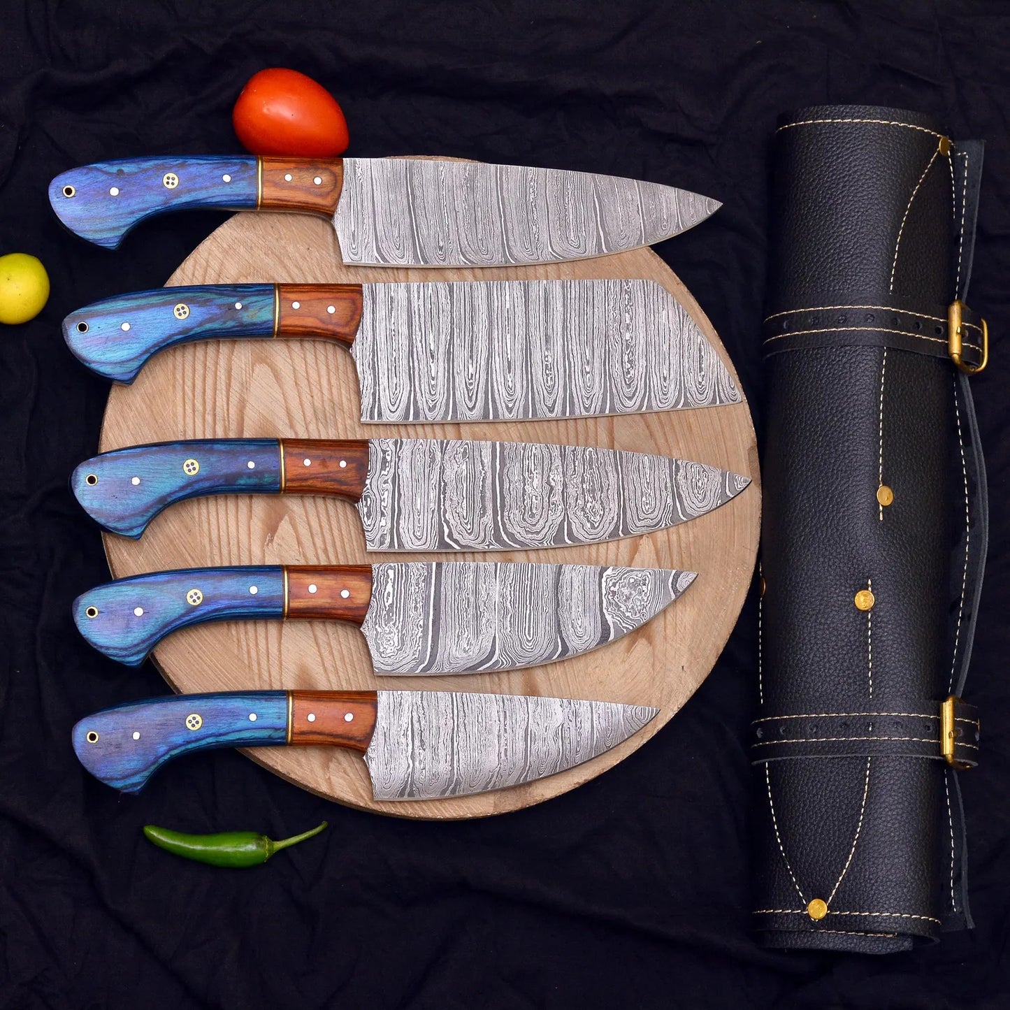 Handmade Damascus Steel Chef Knife Set – 5-Piece Culinary Set with Blue Wood Handles & Leather Roll