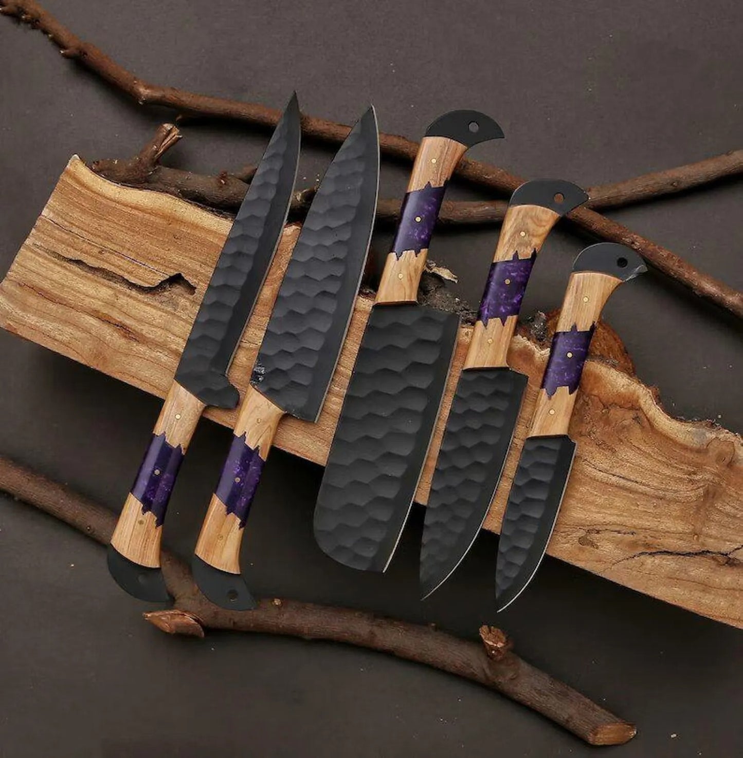 Black Hammered Chef Knife Set – 6-Piece Kitchen Blade Collection with Galaxy Resin & Wood Handles