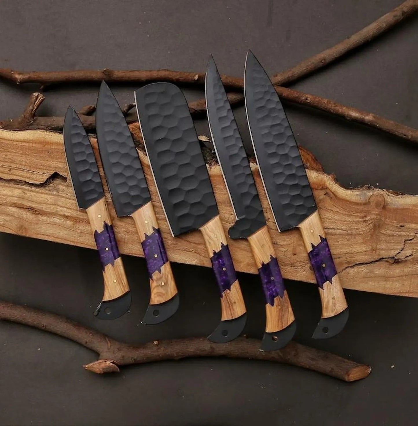 Black Hammered Chef Knife Set – 6-Piece Kitchen Blade Collection with Galaxy Resin & Wood Handles